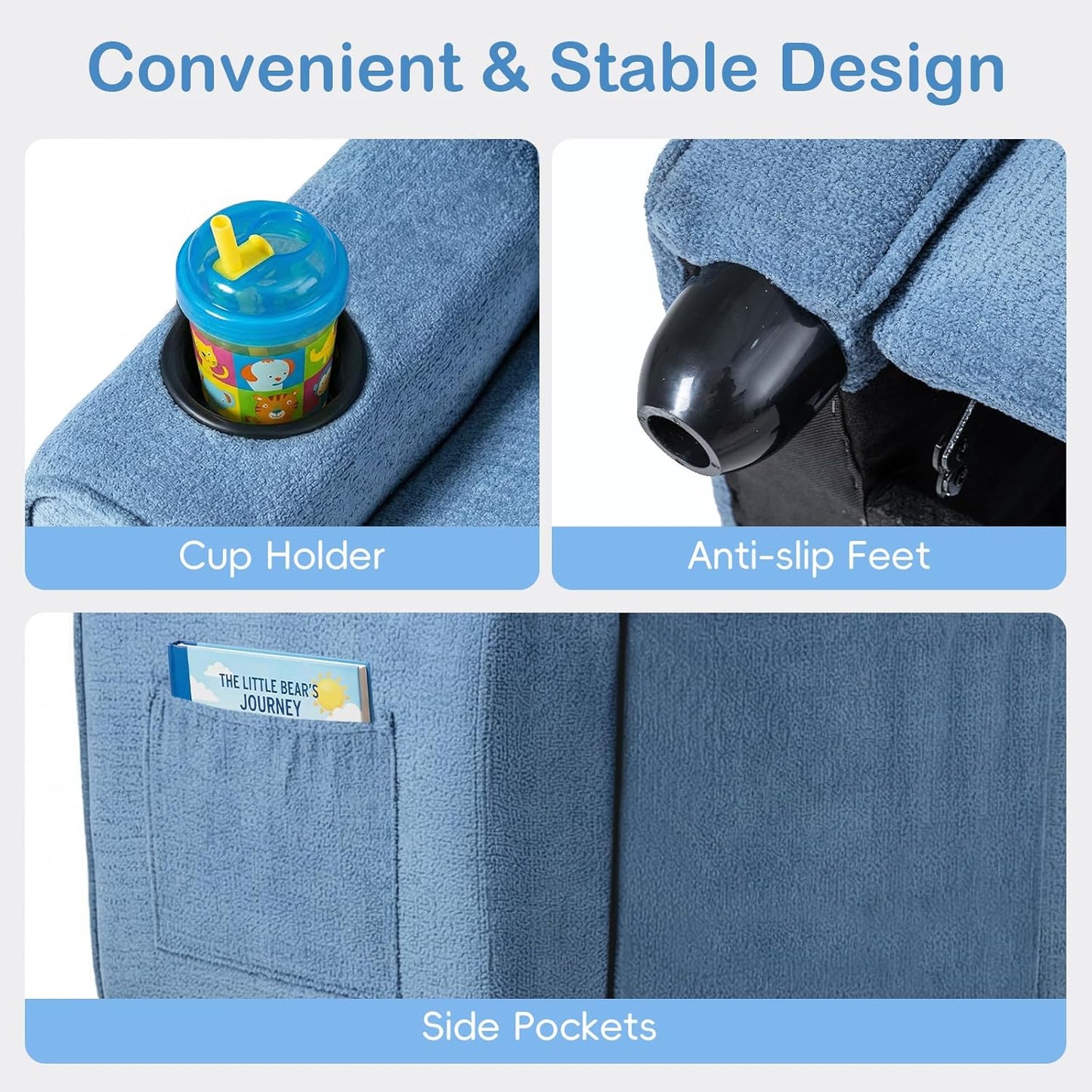 OLAKIDS Kids Recliner, Toddler Lounge Chair with Adjustable Backrest Footrest Cup Holder Side Pockets