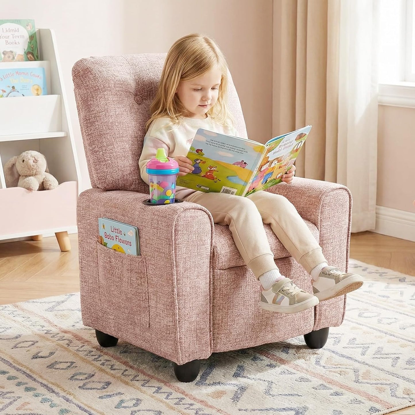 OLAKIDS Kids Recliner, Toddler Lounge Chair with Adjustable Backrest Footrest Cup Holder Side Pockets