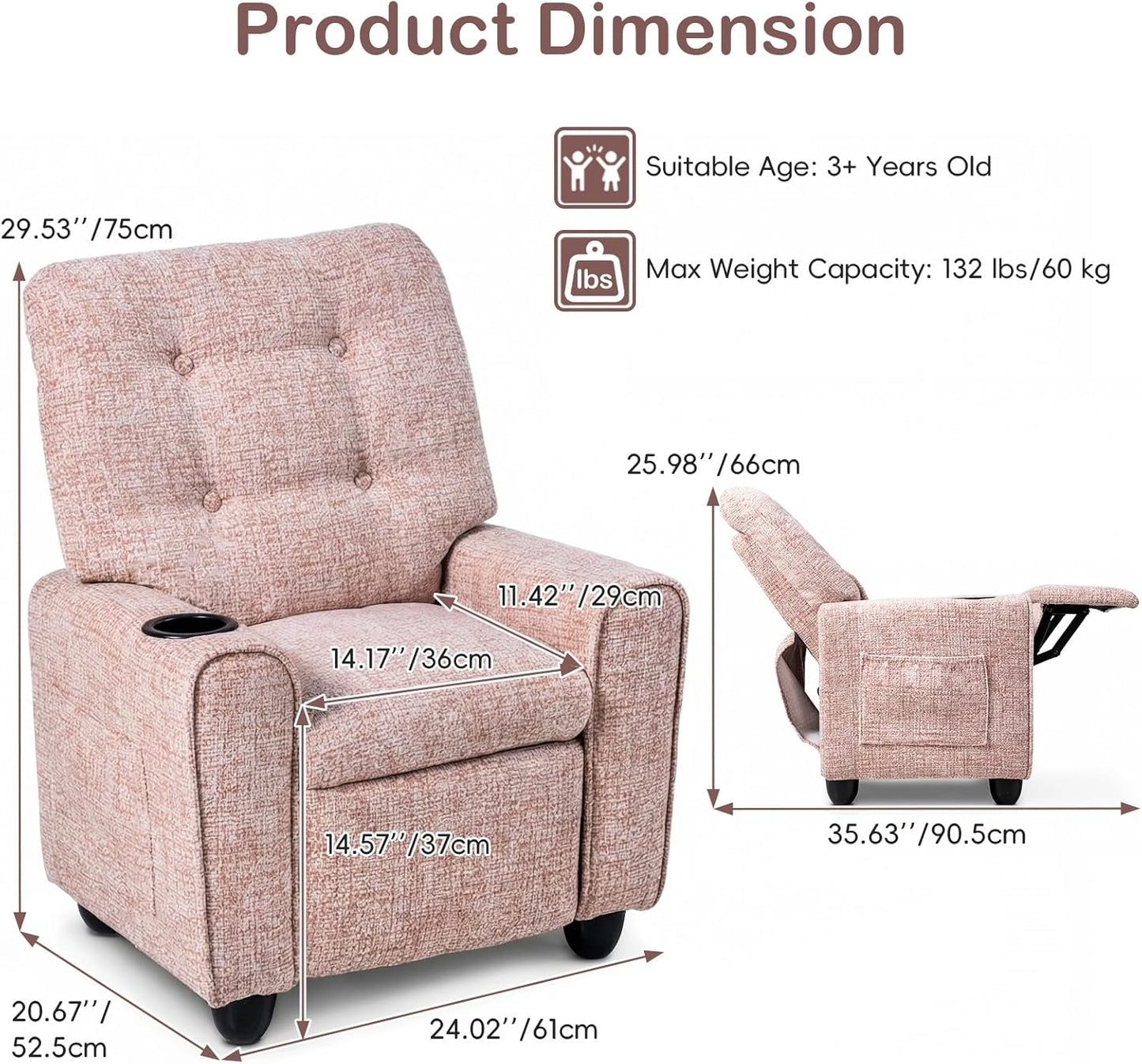 OLAKIDS Kids Recliner, Toddler Lounge Chair with Adjustable Backrest Footrest Cup Holder Side Pockets