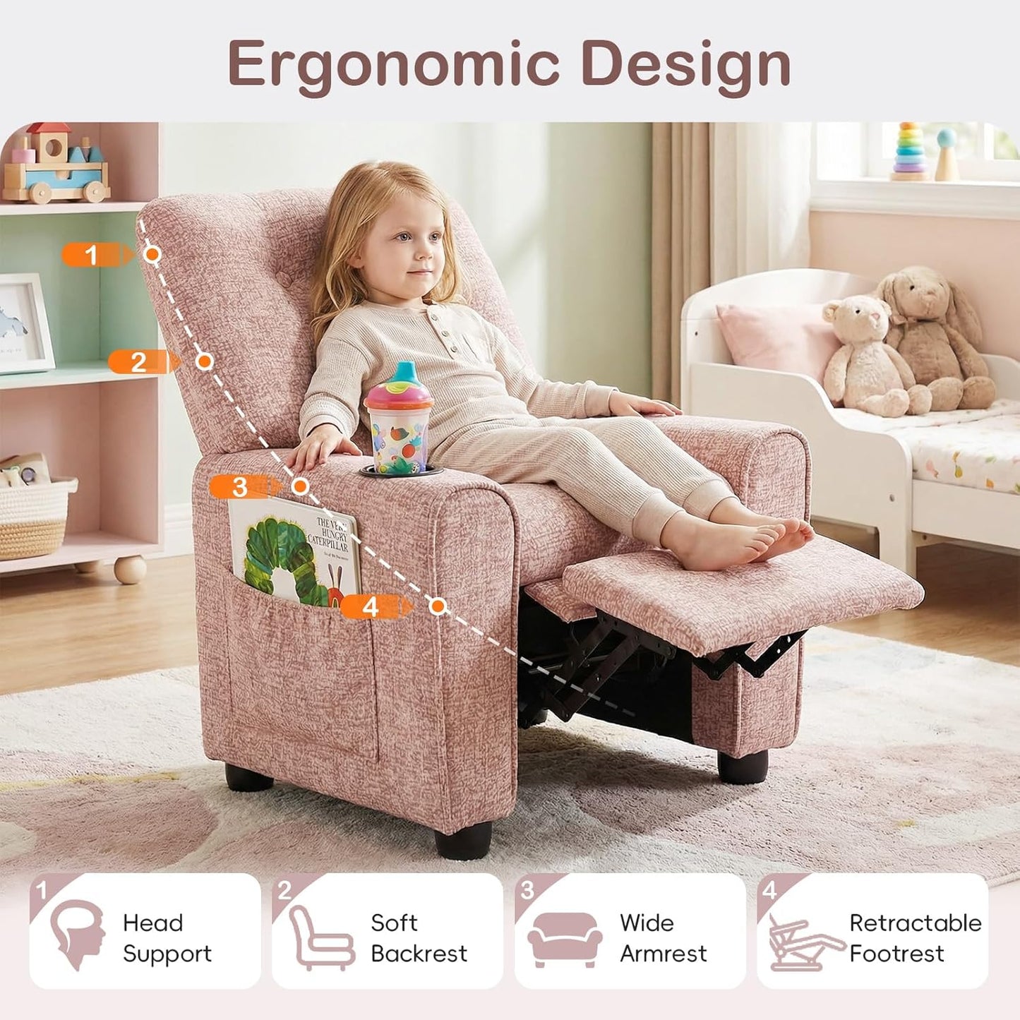 OLAKIDS Kids Recliner, Toddler Lounge Chair with Adjustable Backrest Footrest Cup Holder Side Pockets