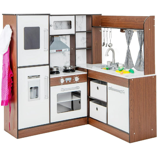 INFANS Corner Kids Kitchen Playset, Toddler Wooden Pretend Cooking Set with Water Circulation, Realistic Light Sound Stove Removable Sink Storage Cabinet, Simulation Play Kitchen Toy