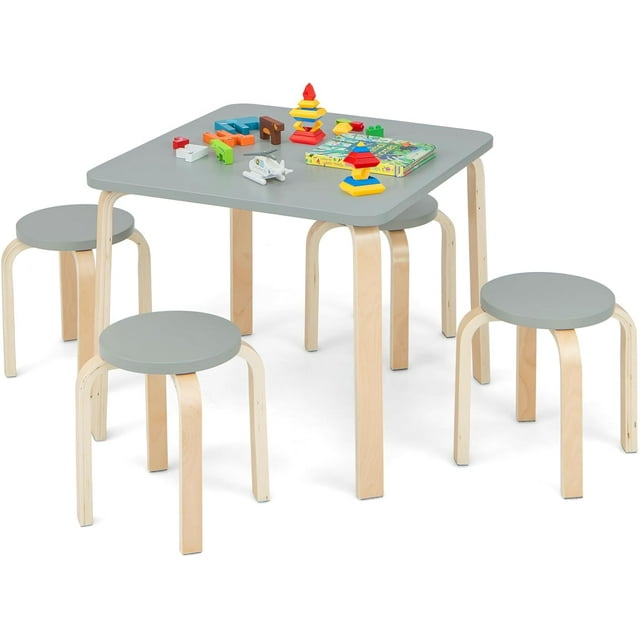 OLAKIDS Kids Wooden Table and Stool Set, 5-Piece Activity Table with 4 Stools, Children Natural Furniture Set