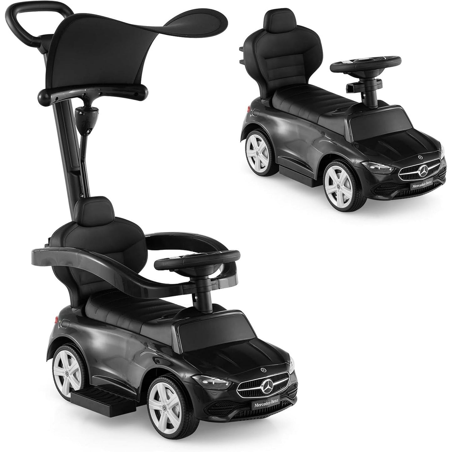 Licensed Mercedes Benz Push Car for Toddlers by OLAKIDS, 3 in 1 Baby Stroller Sliding Walking Car with Canopy, Parent Control Handle, Horn, Storage, Foot-to-Floor Ride on Toys for Boys Girls