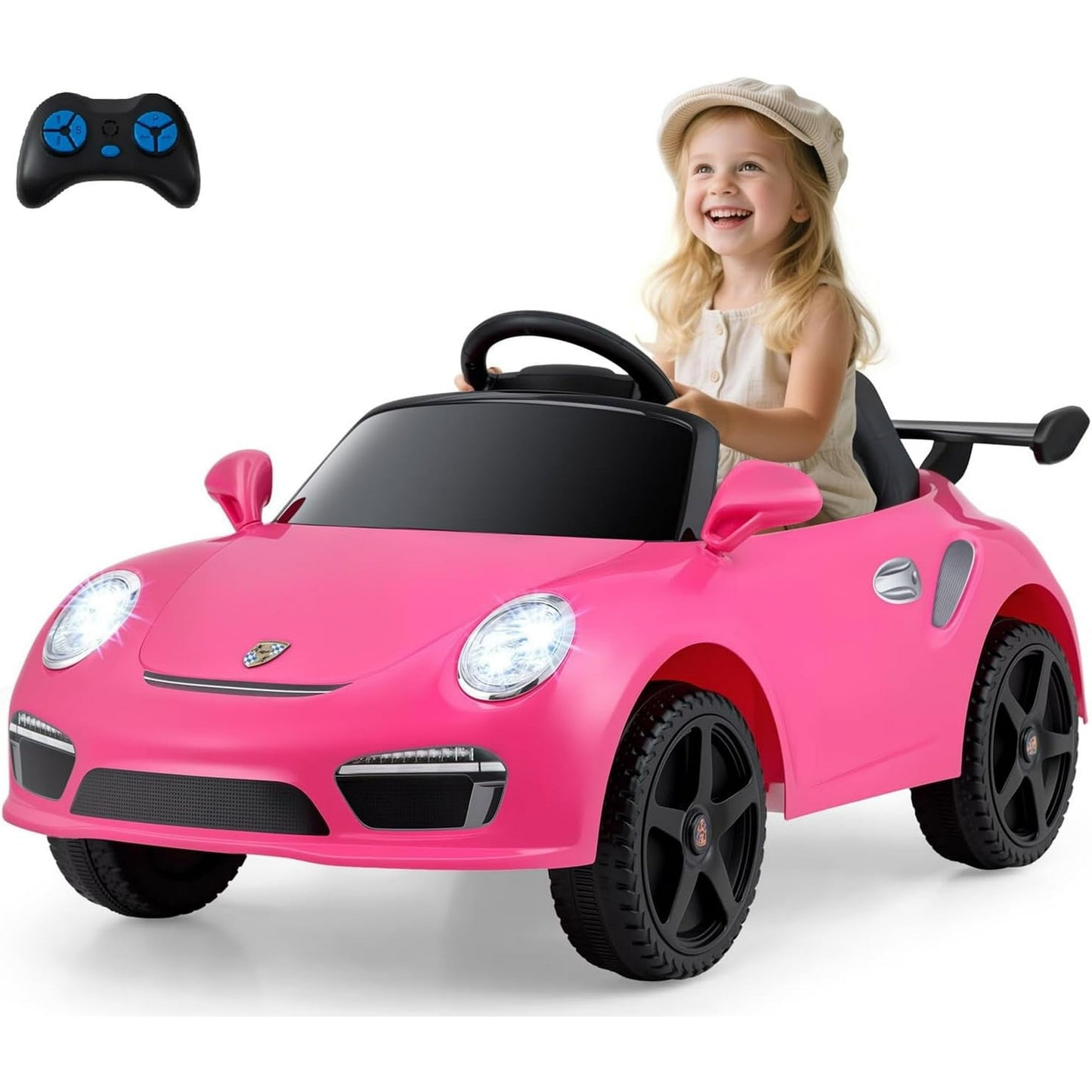 Licensed Porsche 12V Pink Ride on Car by OLAKIDS, Electric Vehicle Battery Powered with Remote Control, Headlight, Bluetooth, Power Display, 4 Wheeler Toys for Kids Girls Boys
