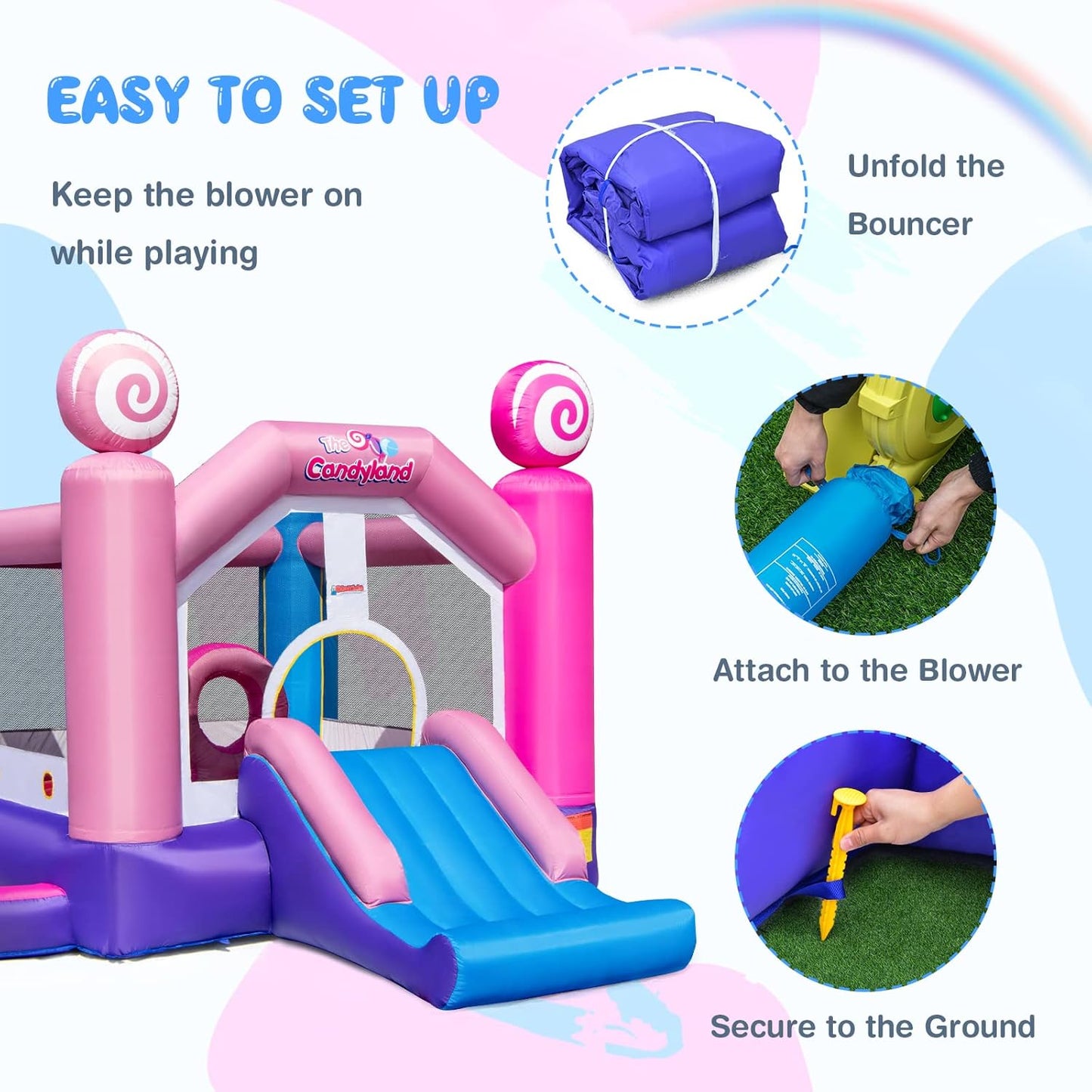 OLAKIDS Inflatable Bounce House, Princess Pink Jumping Castle Kids Candyland