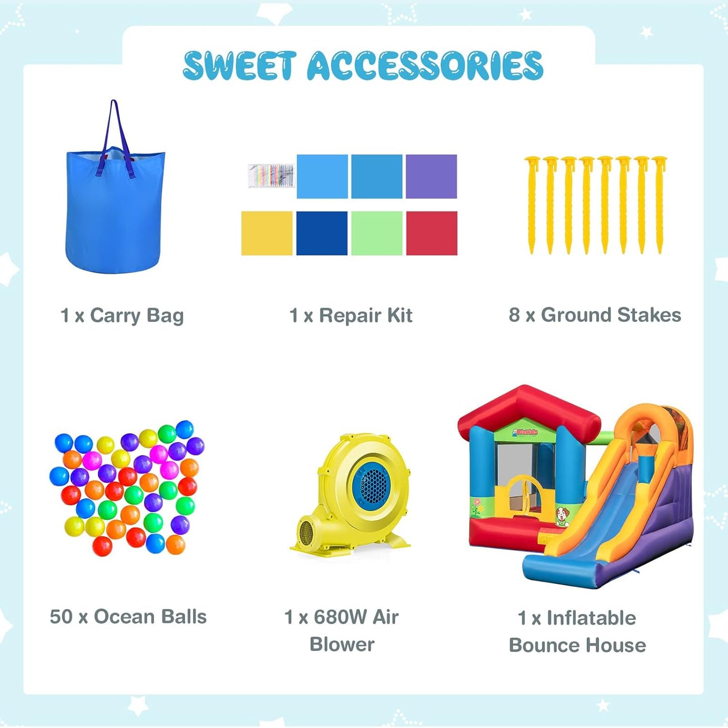 OLAKIDS Inflatable Bounce House, Kids Jumping Castle with 680W Blower 50PCS Ocean Balls Carry Bag Repair Patches