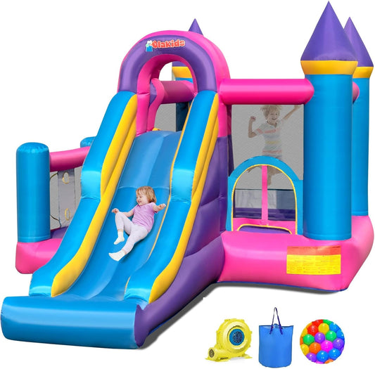 OLAKIDS Pink Inflatable Bounce House: Slide, Ball Pit, Climbing Wall & Basketball Rim