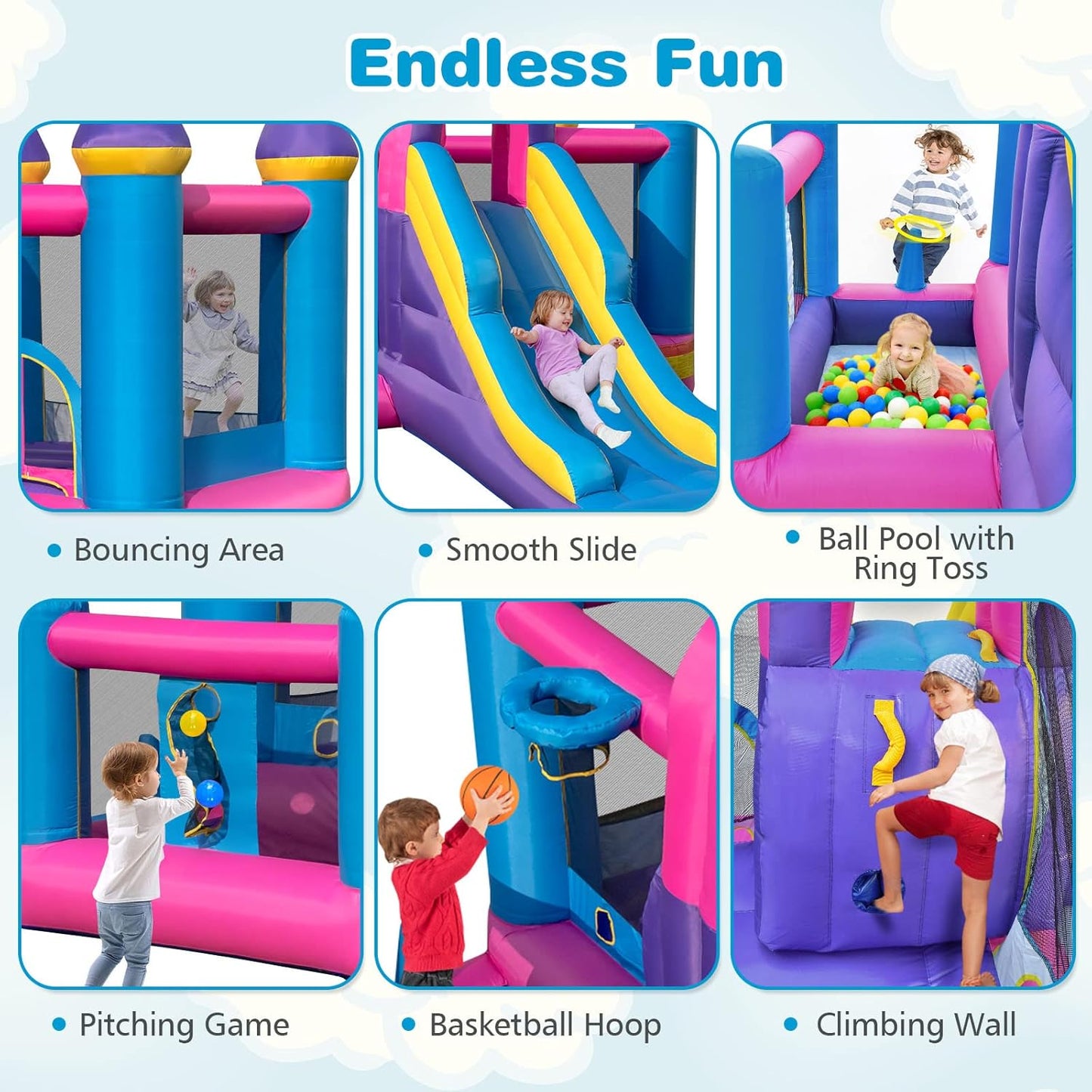 OLAKIDS Pink Inflatable Bounce House: Slide, Ball Pit, Climbing Wall & Basketball Rim