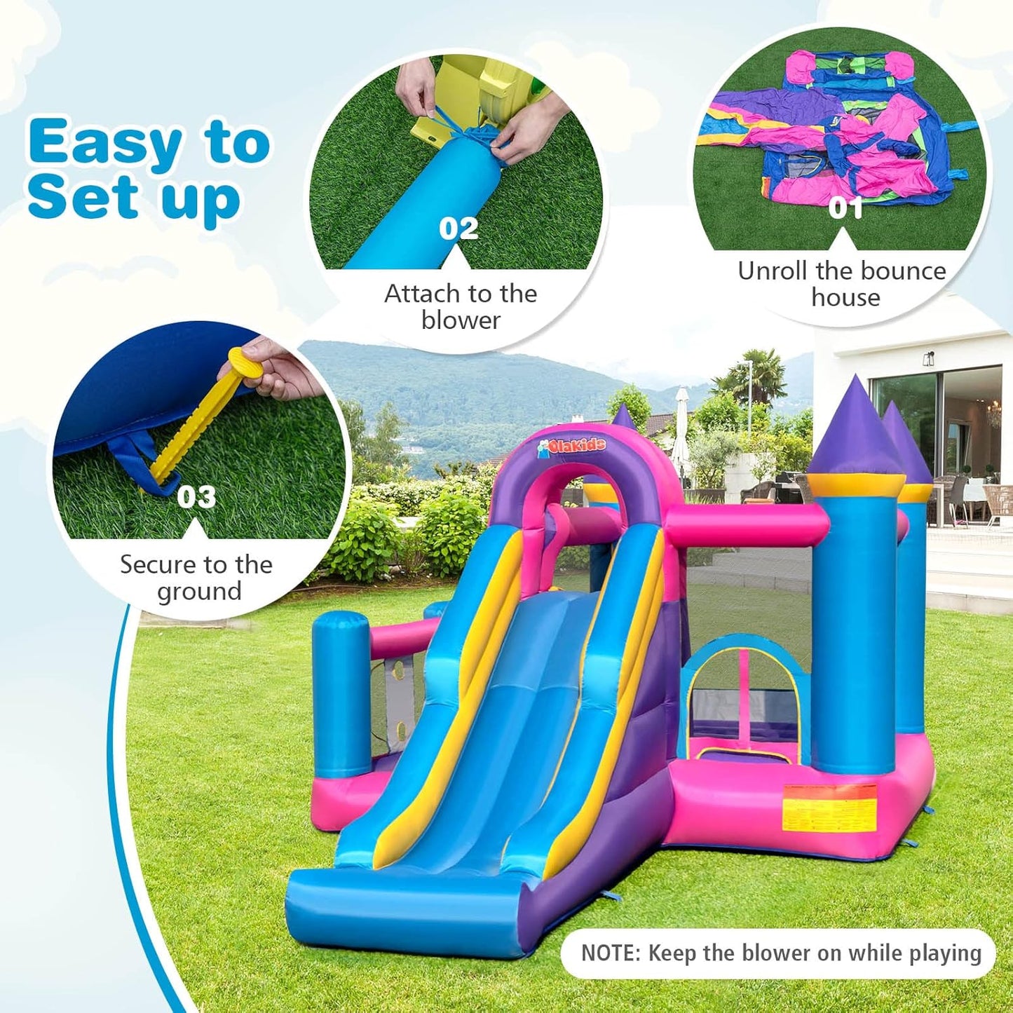 OLAKIDS Pink Inflatable Bounce House: Slide, Ball Pit, Climbing Wall & Basketball Rim