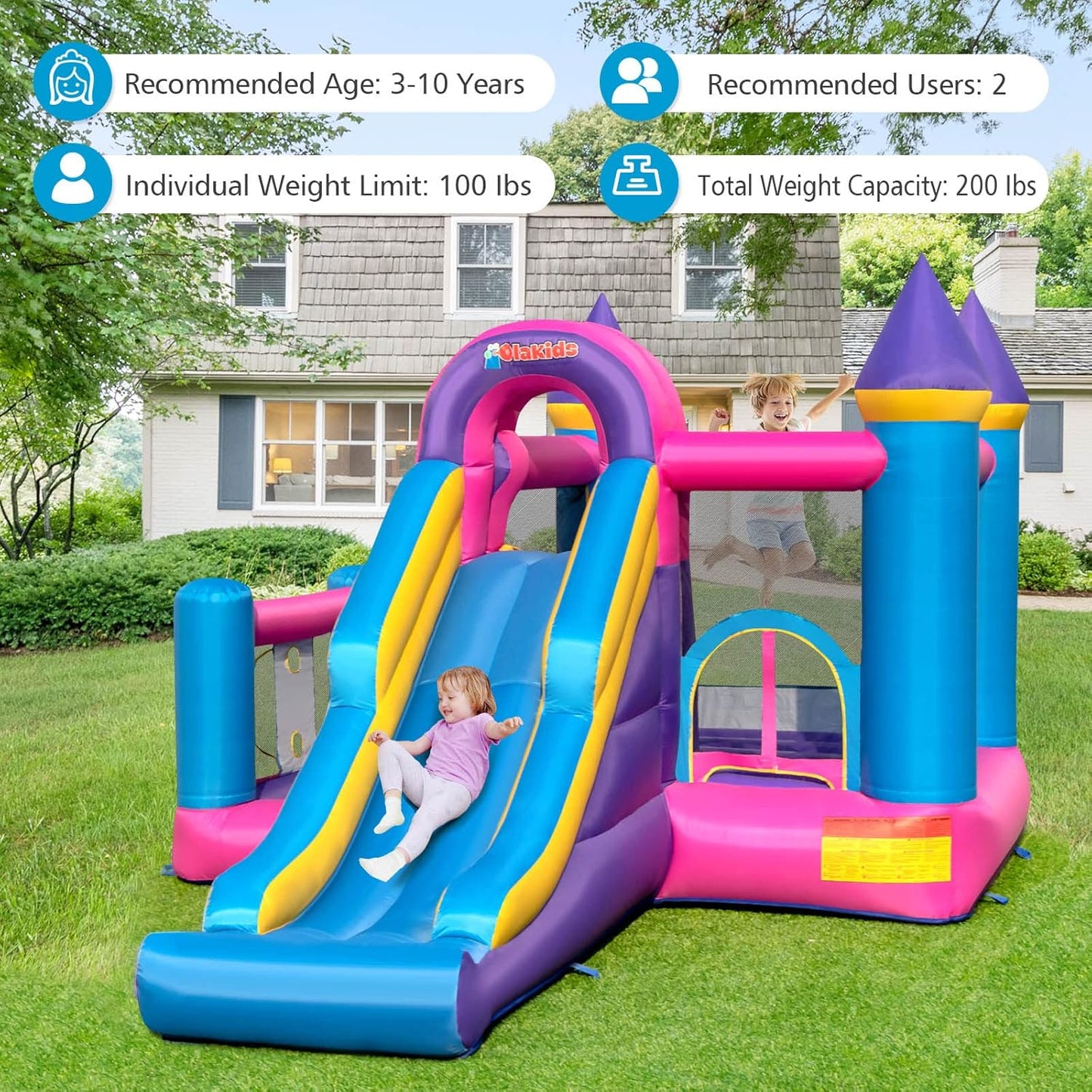 OLAKIDS Pink Inflatable Bounce House: Slide, Ball Pit, Climbing Wall & Basketball Rim