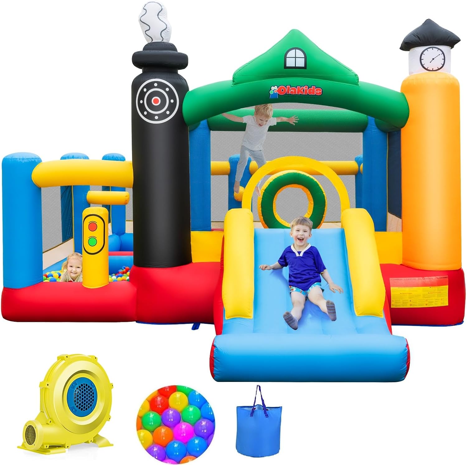 OLAKIDS Inflatable Bounce House, Train Theme Kids Jumping Castle  Indoor Outdoor Inflatable Obstacle Course with 950W Blower