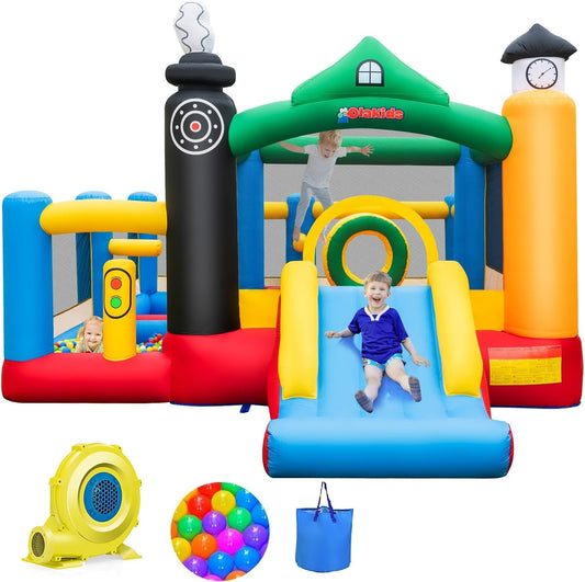 OLAKIDS Inflatable Bounce House, Train Theme Kids Jumping Castle  Indoor Outdoor Inflatable Obstacle Course with 950W Blower