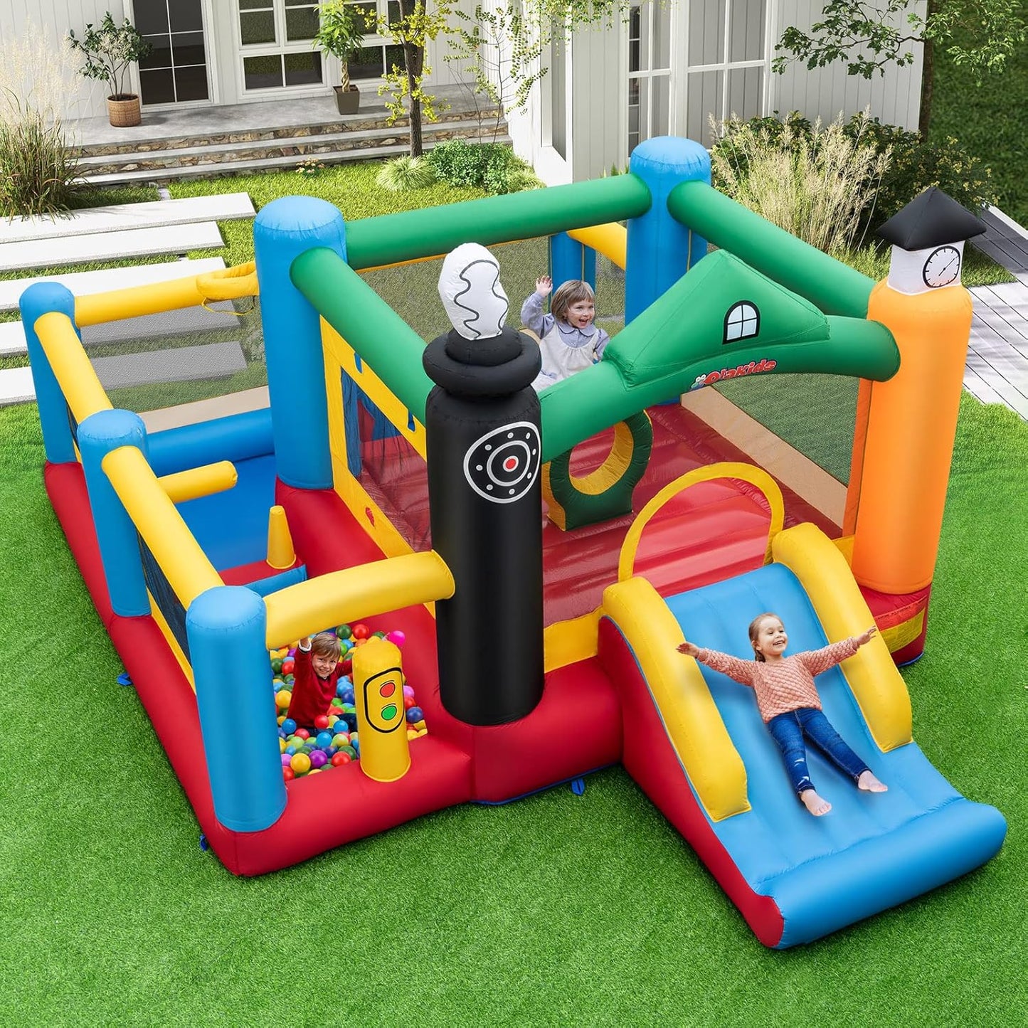 OLAKIDS Inflatable Bounce House, Train Theme Kids Jumping Castle  Indoor Outdoor Inflatable Obstacle Course with 950W Blower