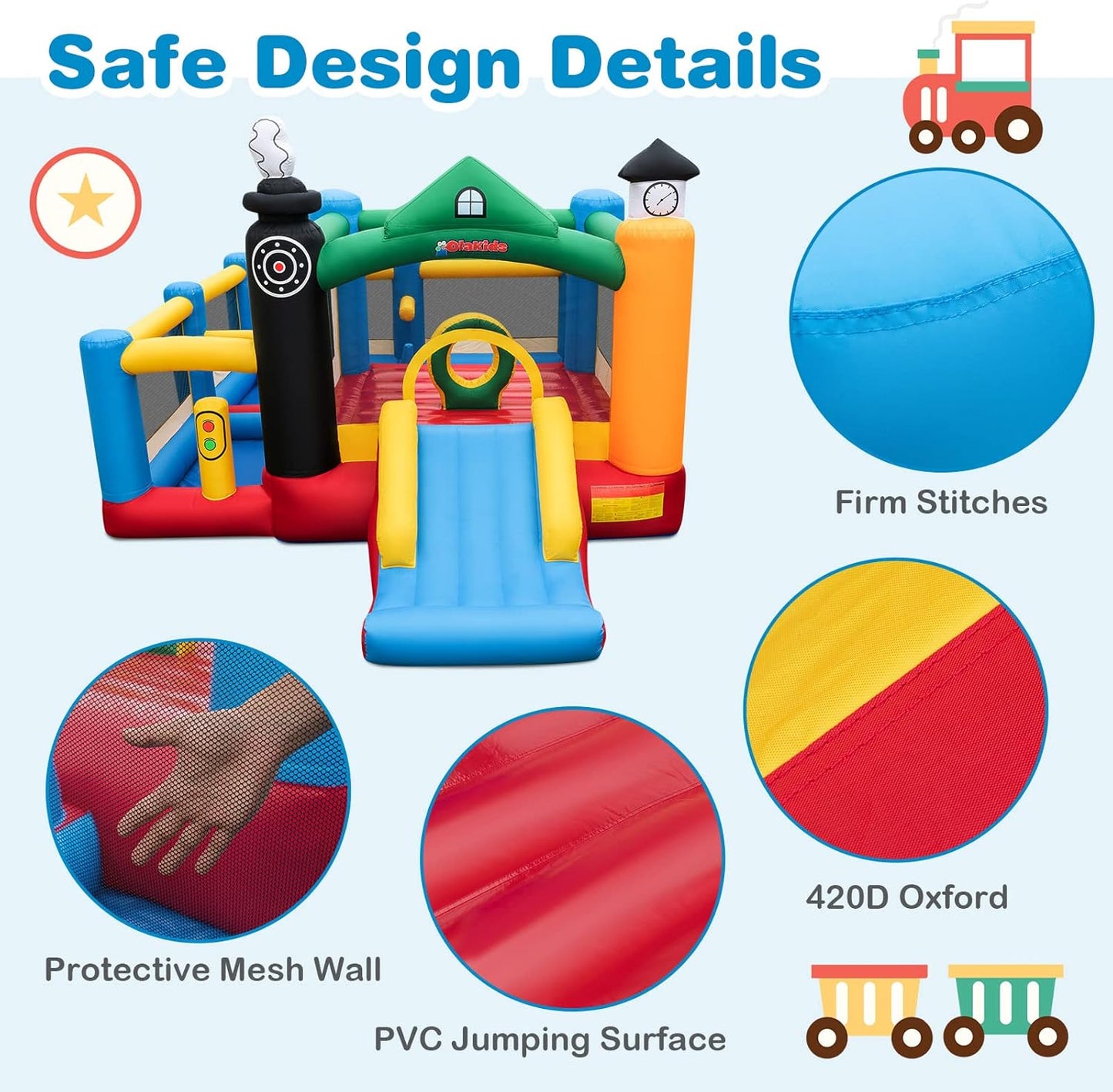 OLAKIDS Inflatable Bounce House, Train Theme Kids Jumping Castle  Indoor Outdoor Inflatable Obstacle Course with 950W Blower
