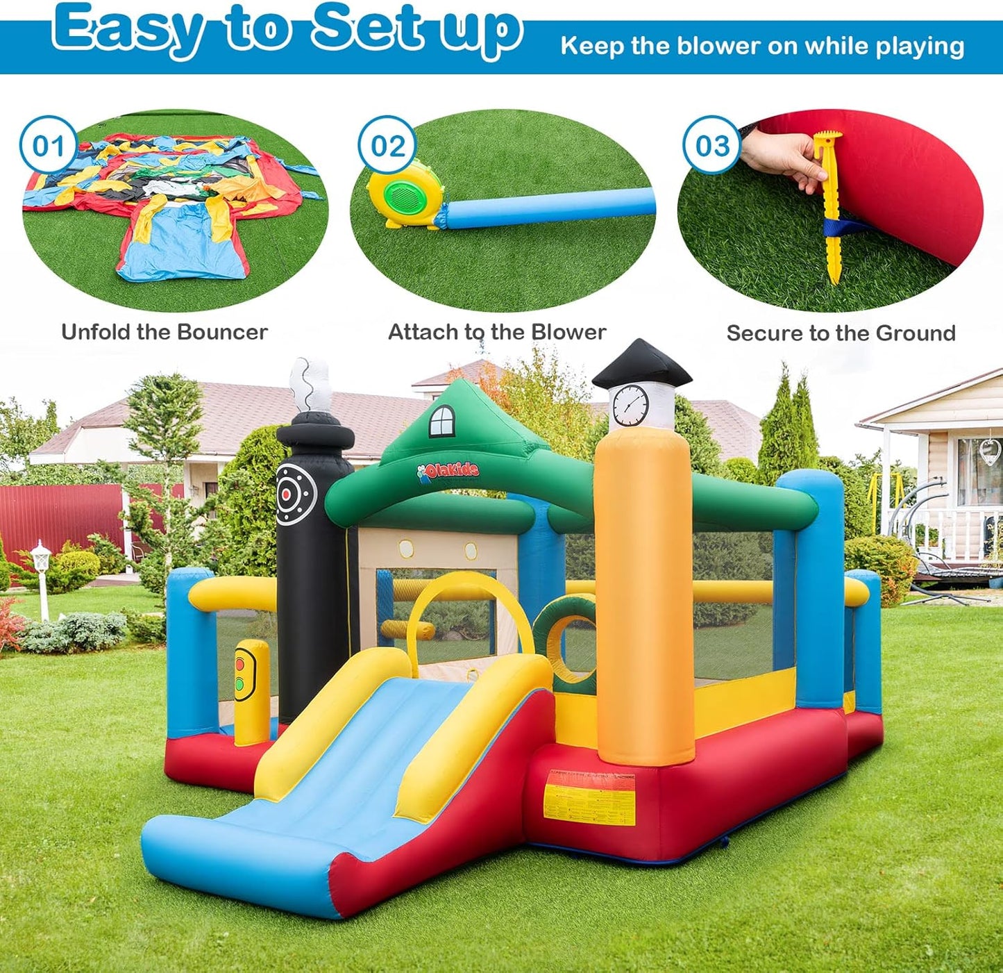 OLAKIDS Inflatable Bounce House, Train Theme Kids Jumping Castle  Indoor Outdoor Inflatable Obstacle Course with 950W Blower