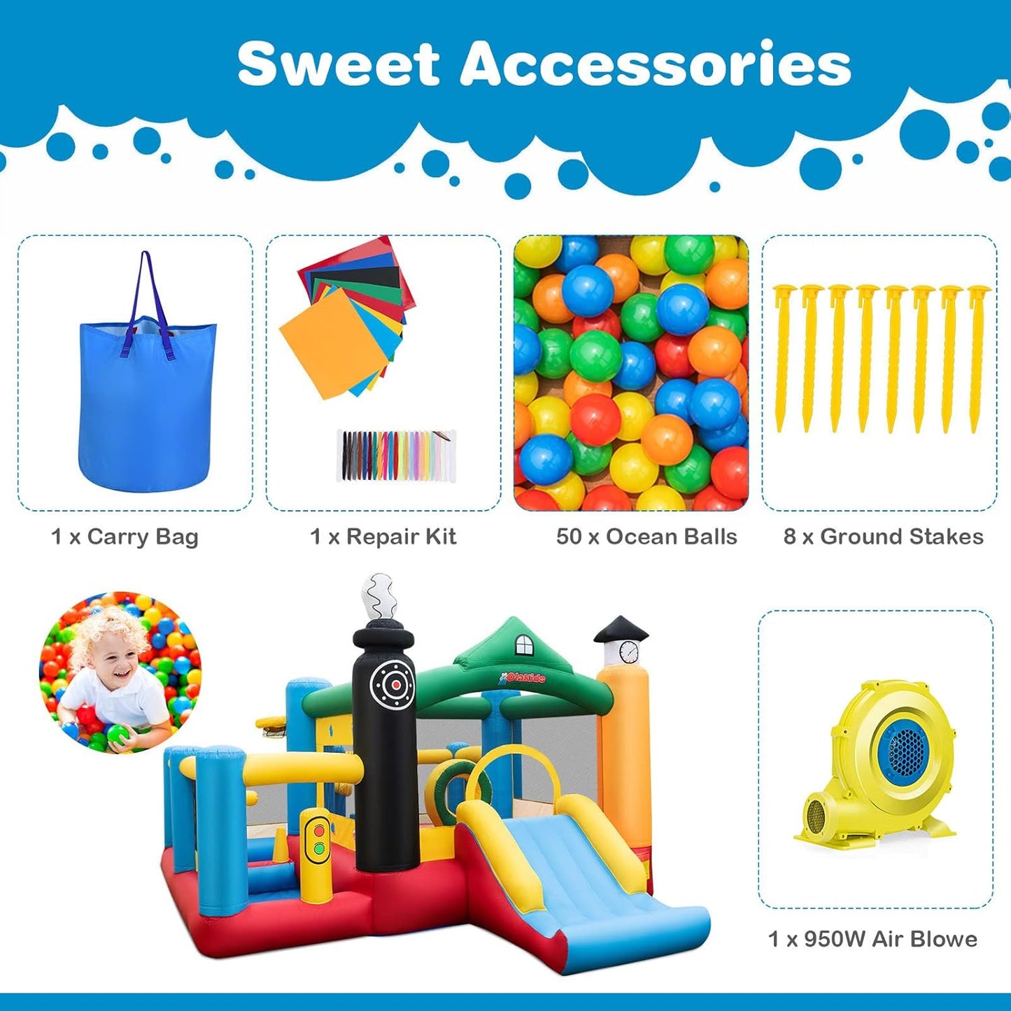 OLAKIDS Inflatable Bounce House, Train Theme Kids Jumping Castle  Indoor Outdoor Inflatable Obstacle Course with 950W Blower