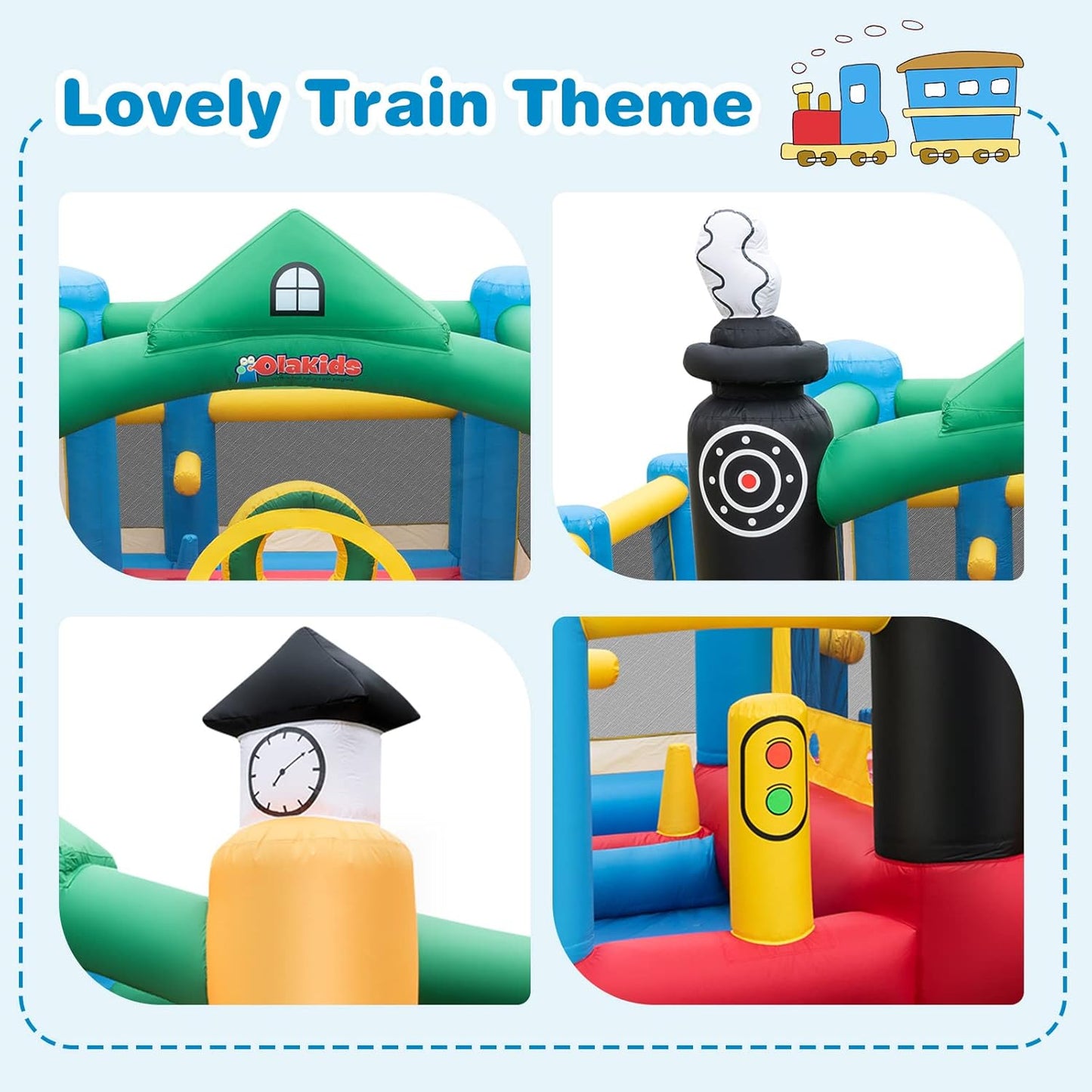 OLAKIDS Inflatable Bounce House, Train Theme Kids Jumping Castle  Indoor Outdoor Inflatable Obstacle Course with 950W Blower