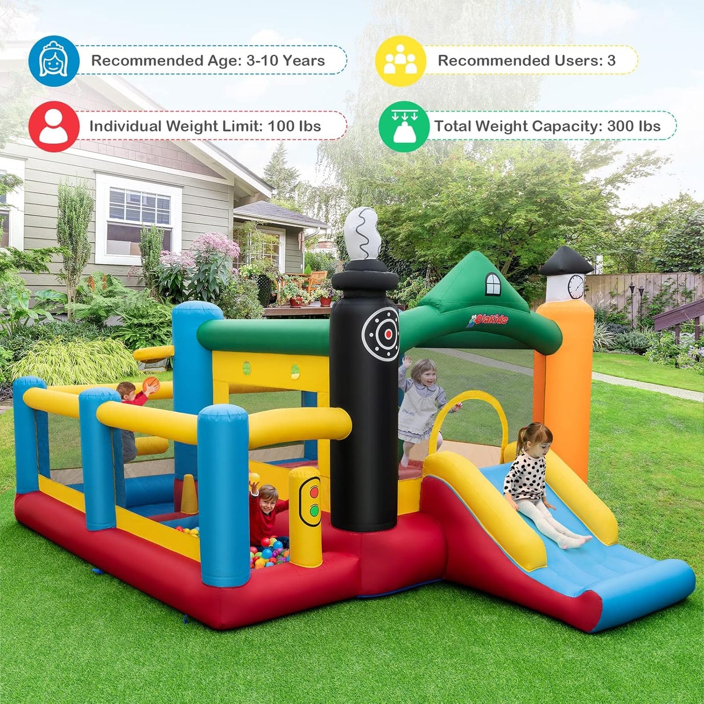 OLAKIDS Inflatable Bounce House, Train Theme Kids Jumping Castle  Indoor Outdoor Inflatable Obstacle Course with 950W Blower