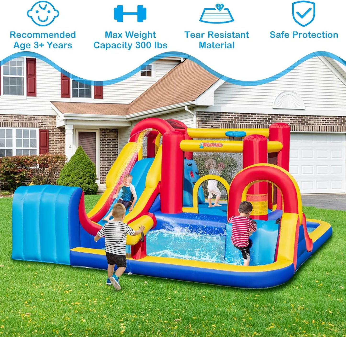 OLAKIDS Inflatable Water Slide 8 in 1 Bounce House Water Park with 2 Slides Splash Pools (Without Blower)