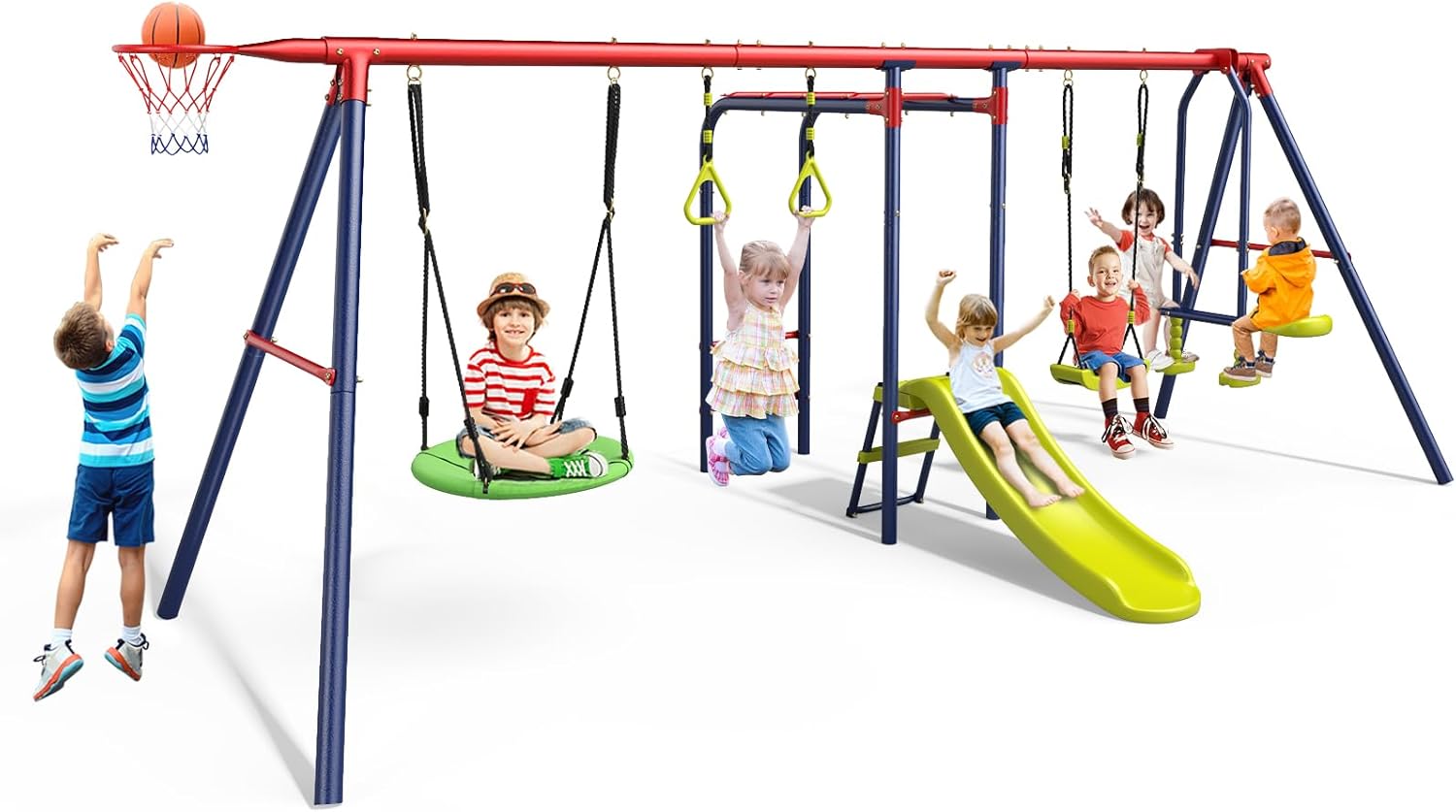 OLAKIDS Swing Sets for Backyard, 7 in 1 Outdoor 660LBS A-Frame Heavy Duty Metal Swing Stand