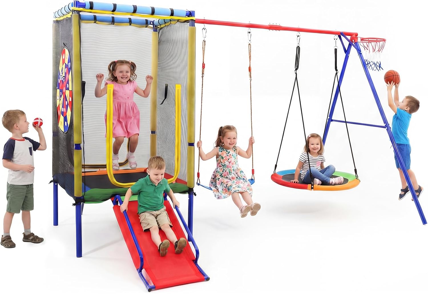 OLAKIDS 6 in 1 Outdoor Swing Set, 440LBS Heavy Duty A-Frame Metal Stand with Slide, Trampoline, Swings, Dartboard and Basketball Hoop for Backyard