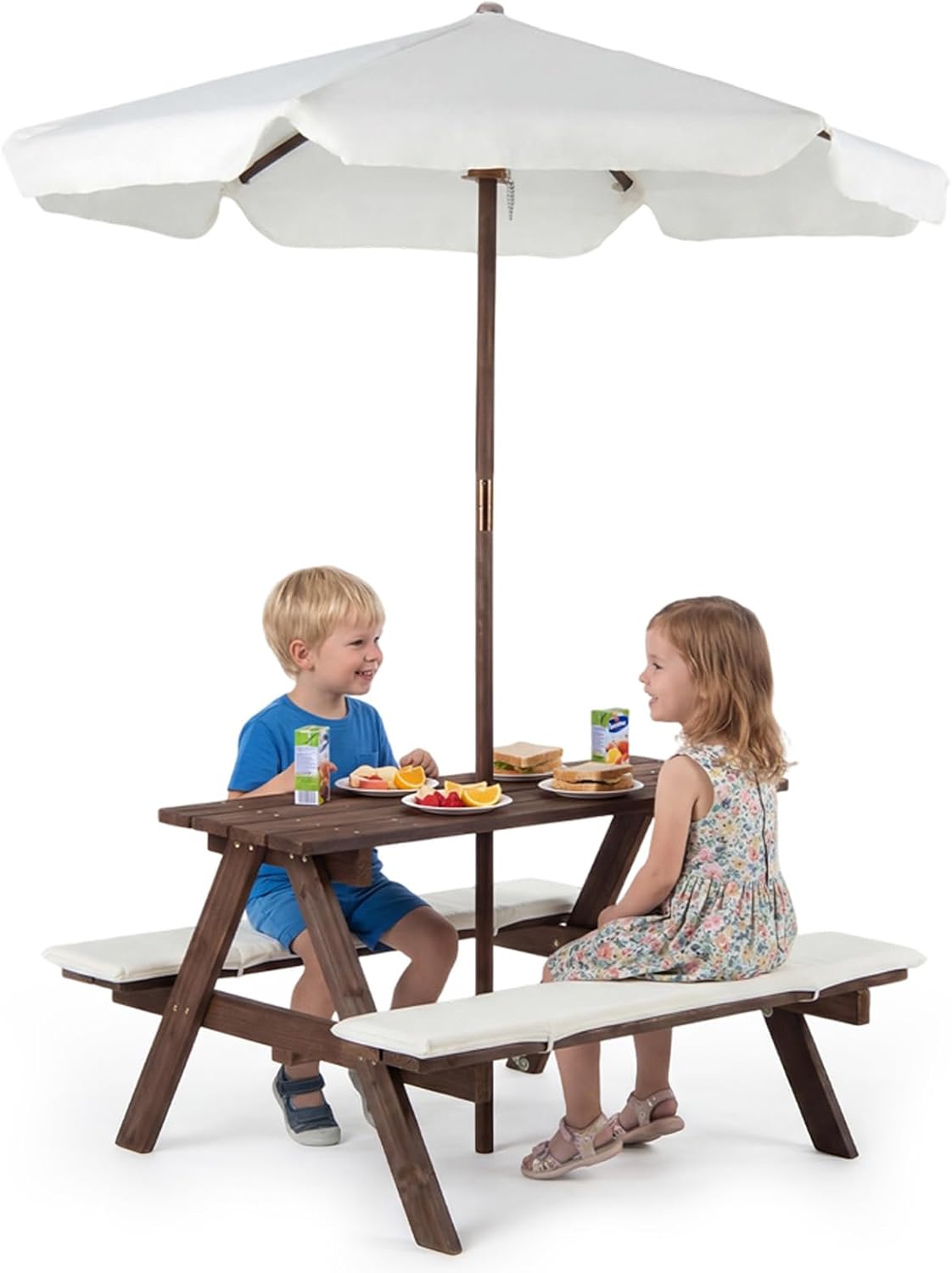 Olakids Kids Picnic Table, Outdoor Wooden Bench Set with Cushions Adjustable Foldable Umbrella for Patio Garden Backyard