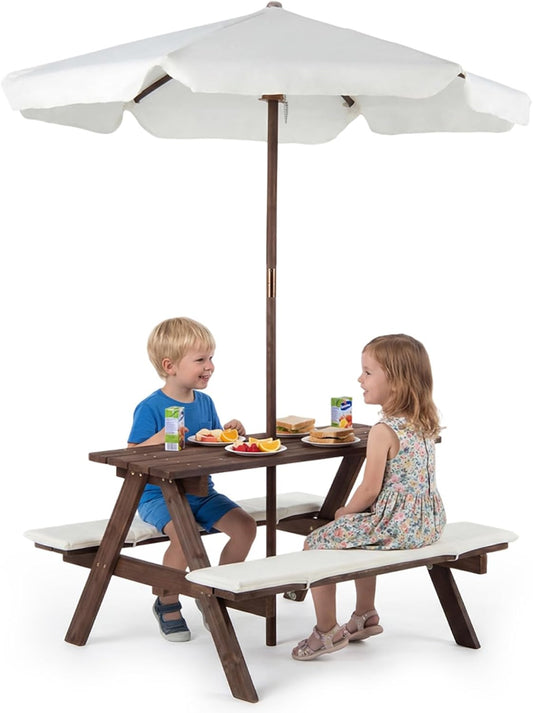 Olakids Kids Picnic Table, Outdoor Wooden Bench Set with Cushions Adjustable Foldable Umbrella for Patio Garden Backyard