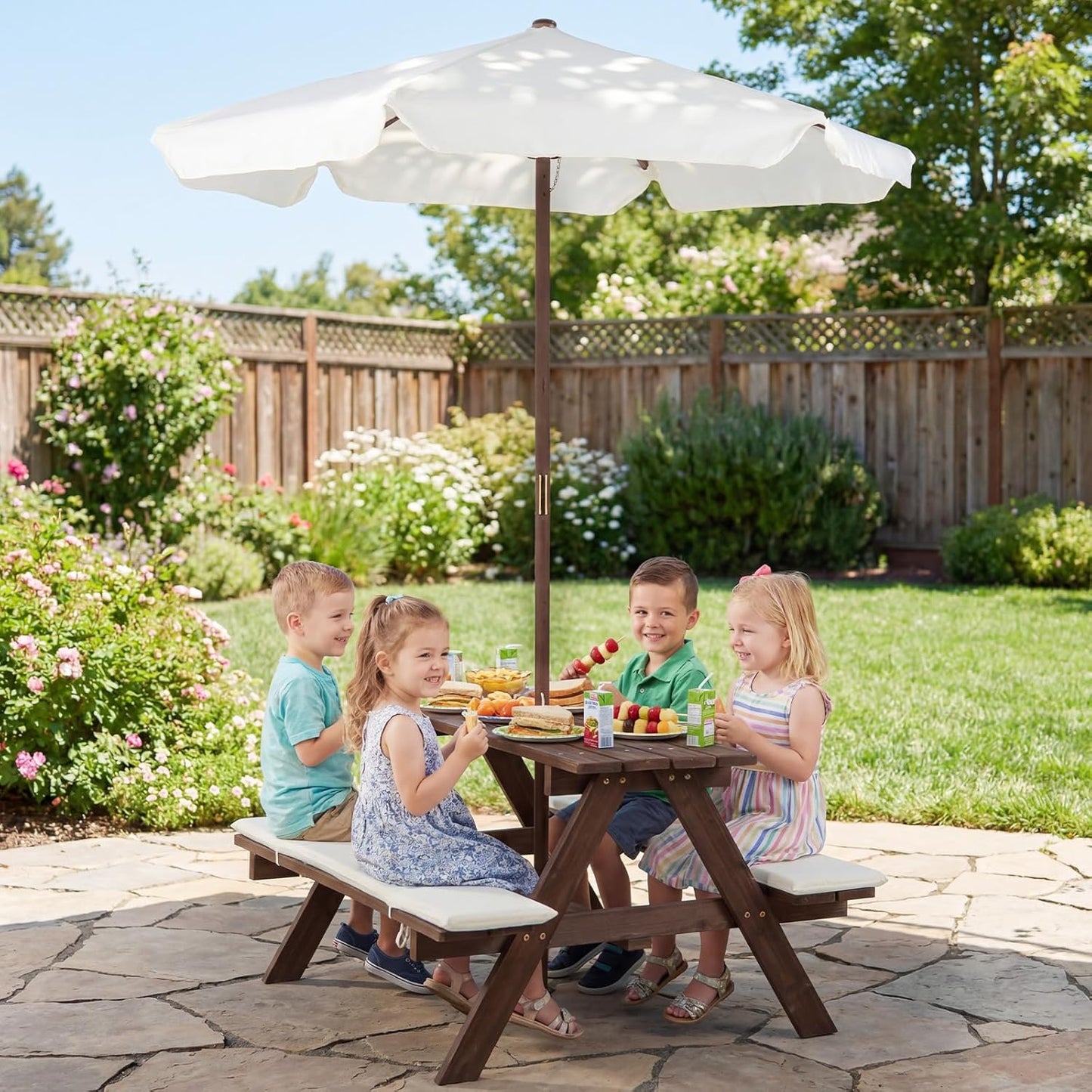 Olakids Kids Picnic Table, Outdoor Wooden Bench Set with Cushions Adjustable Foldable Umbrella for Patio Garden Backyard