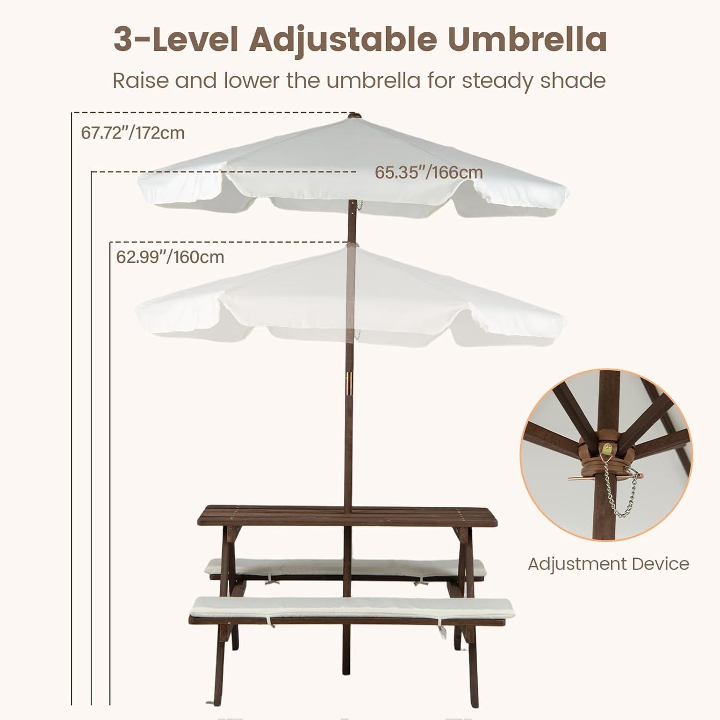 Olakids Kids Picnic Table, Outdoor Wooden Bench Set with Cushions Adjustable Foldable Umbrella for Patio Garden Backyard