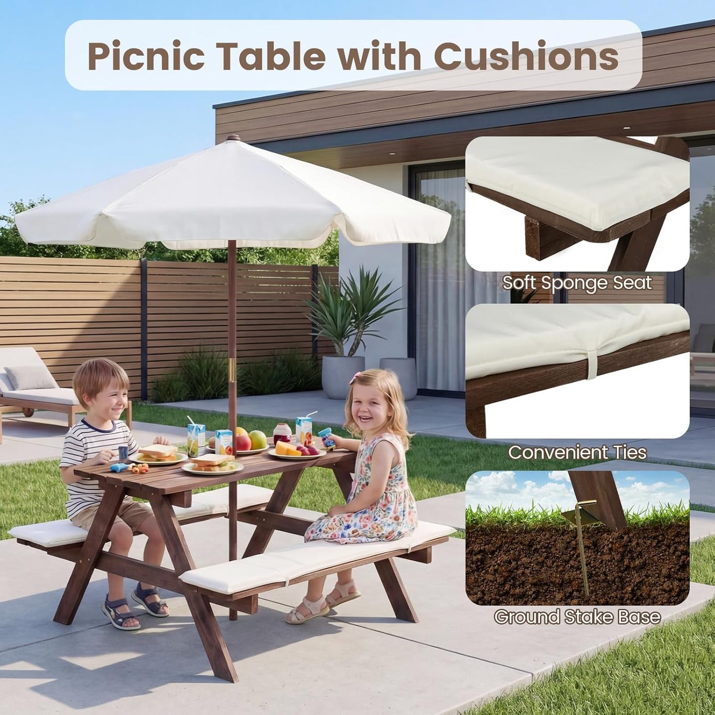 Olakids Kids Picnic Table, Outdoor Wooden Bench Set with Cushions Adjustable Foldable Umbrella for Patio Garden Backyard