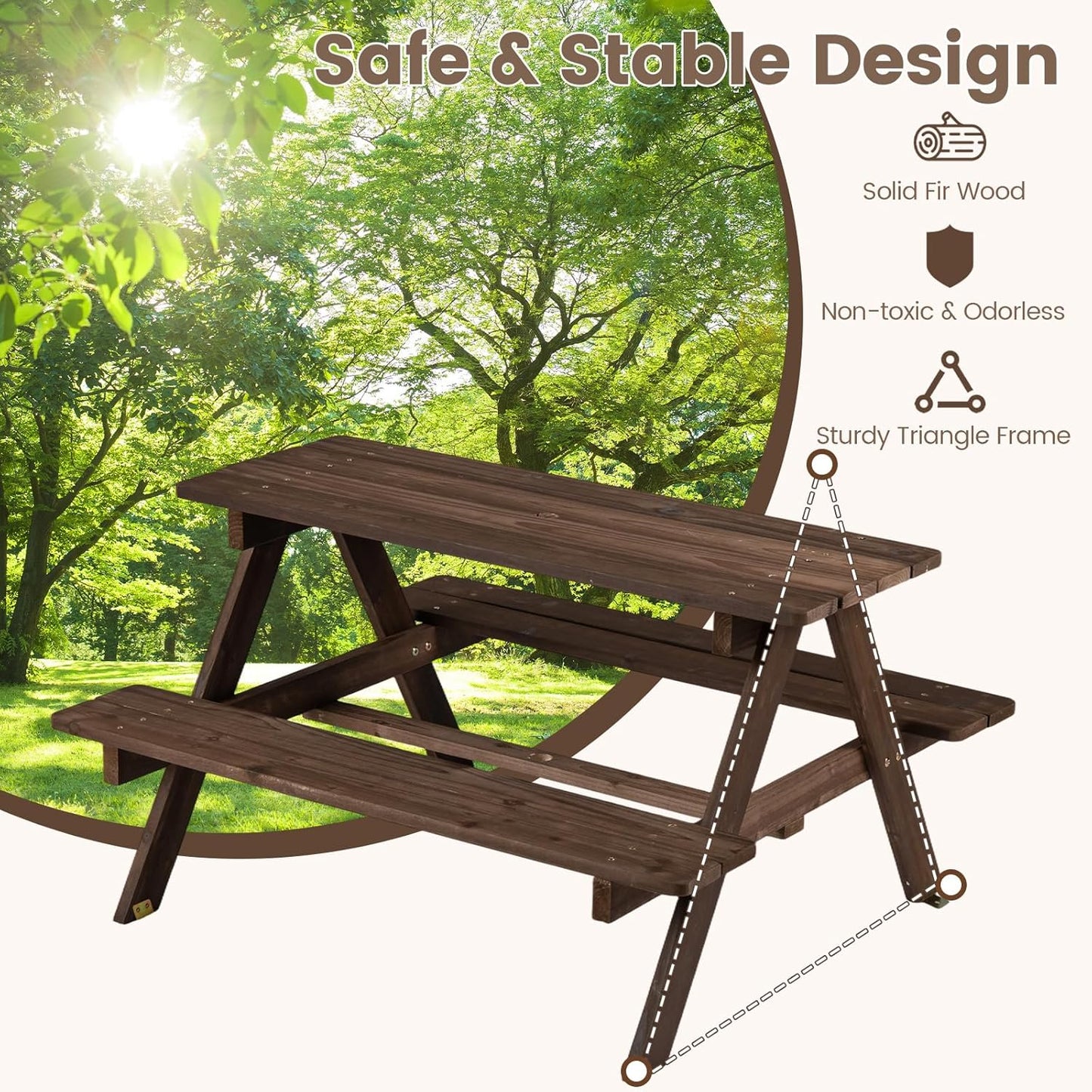 Olakids Kids Picnic Table, Outdoor Wooden Bench Set with Cushions Adjustable Foldable Umbrella for Patio Garden Backyard