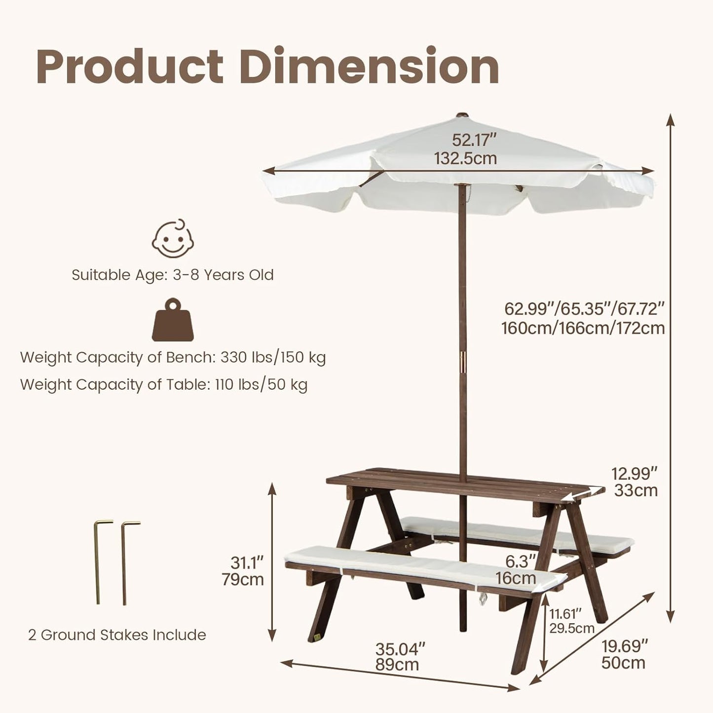 Olakids Kids Picnic Table, Outdoor Wooden Bench Set with Cushions Adjustable Foldable Umbrella for Patio Garden Backyard