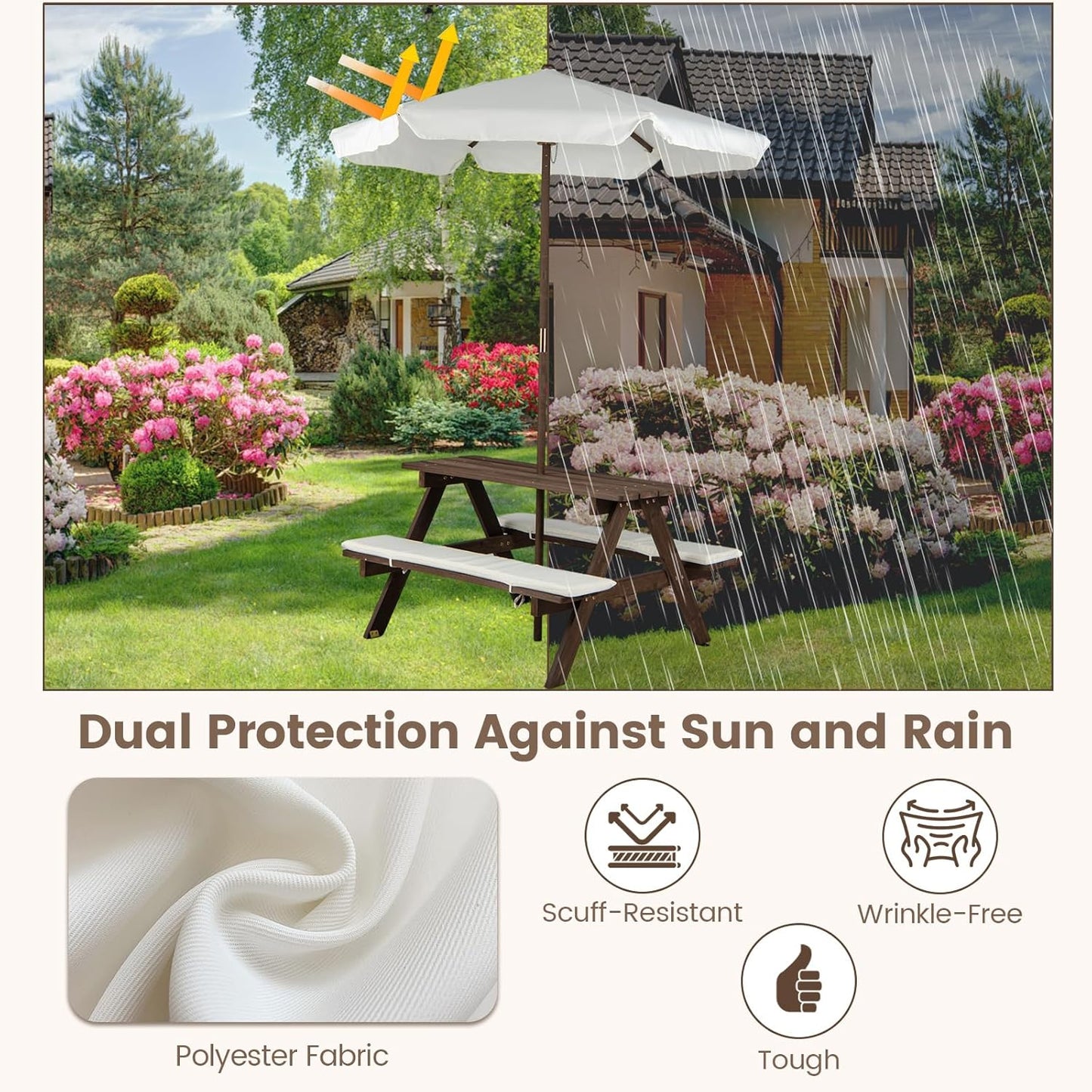 Olakids Kids Picnic Table, Outdoor Wooden Bench Set with Cushions Adjustable Foldable Umbrella for Patio Garden Backyard