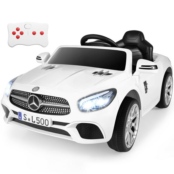 OLAKIDS 12V Electric Kids Ride On Car, Licensed Mercedes Benz SL500 Toy Car with Remote Control, MP3 Plug, USB, 2 Speeds, LED Lights, Battery Powered Toy Vehicle for Toddler Children (White)