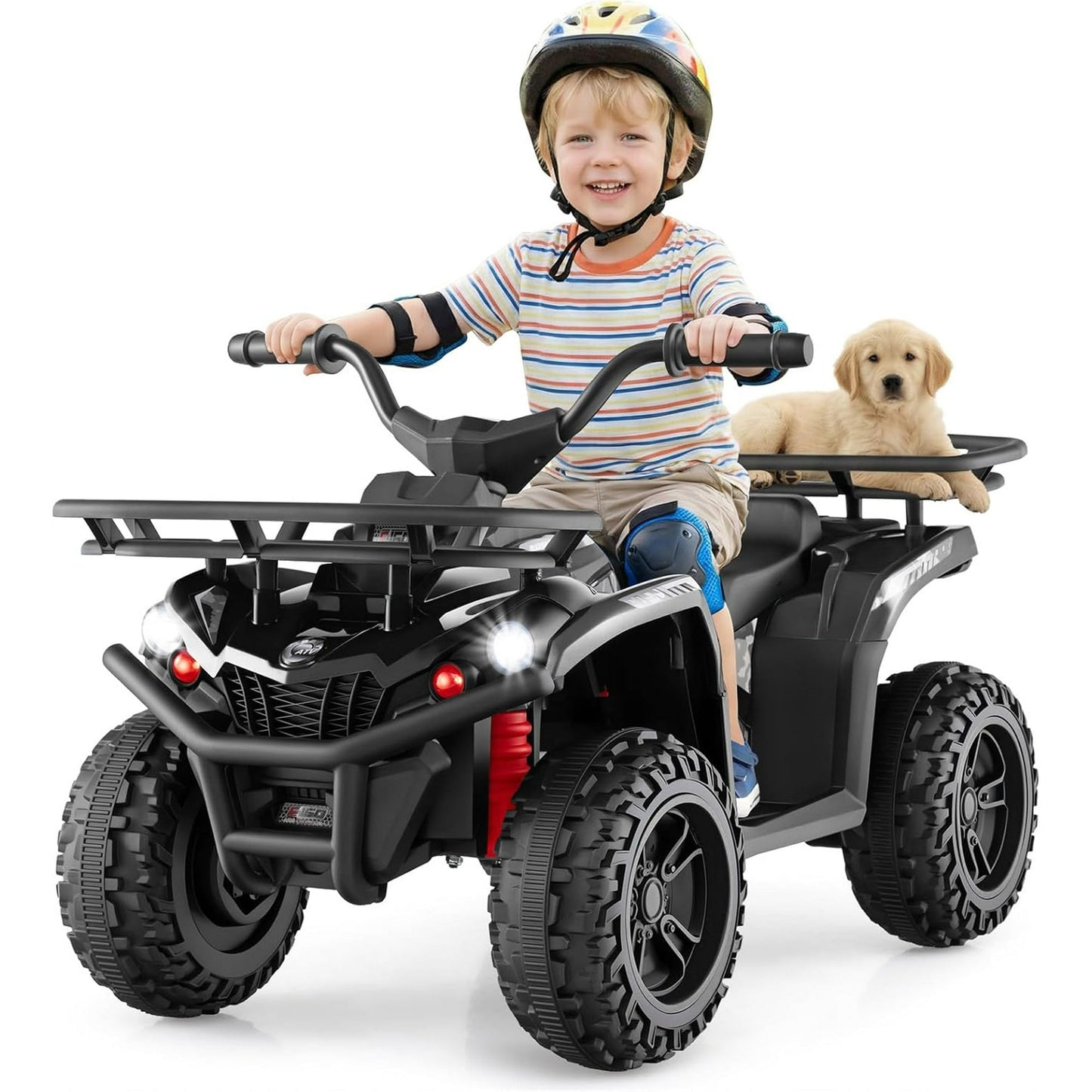 OLAKIDS 12V Kids ATV Quad with 2 Speeds, Spring Suspension, LED Lights, Music & Story Player, Big Tires, 2 Storage Spaces, Ride On Car for Boys Girls Ages 3+