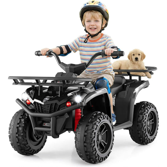 OLAKIDS 12V Kids ATV Quad with 2 Speeds, Spring Suspension, LED Lights, Music & Story Player, Big Tires, 2 Storage Spaces, Ride On Car for Boys Girls Ages 3+