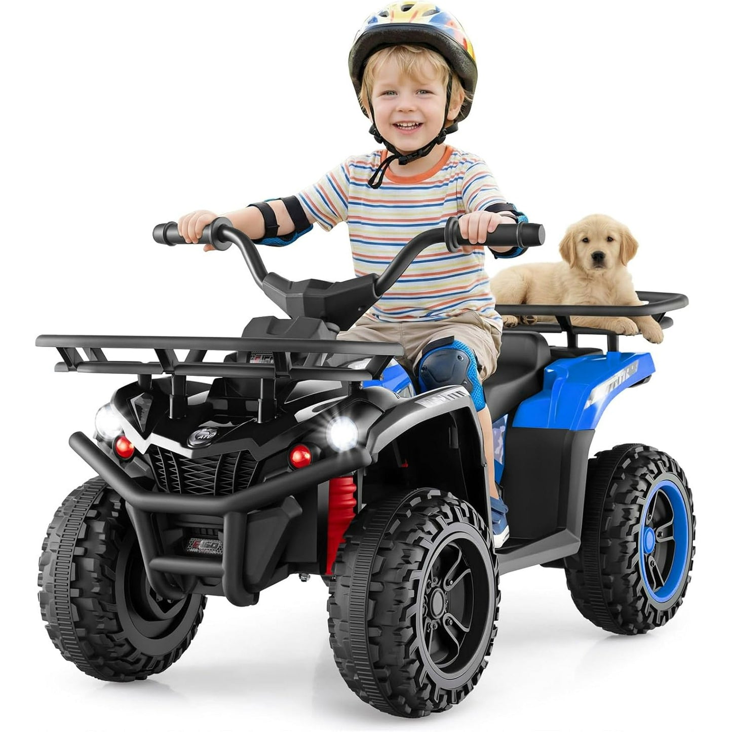 OLAKIDS 12V Kids ATV Quad with 2 Speeds, Spring Suspension, LED Lights, Music & Story Player, Big Tires, 2 Storage Spaces, Ride On Car for Boys Girls Ages 3+