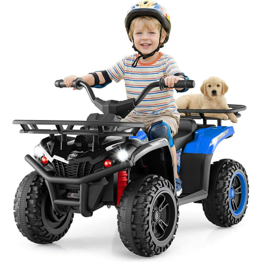 OLAKIDS 24V Kids ATV Quad with 5Mph Max Speed, Spring Suspension, LED Lights, Music & Story Player, Big Tires, 2 Storage Spaces, Ride On Car for Boys Girls Ages 3+