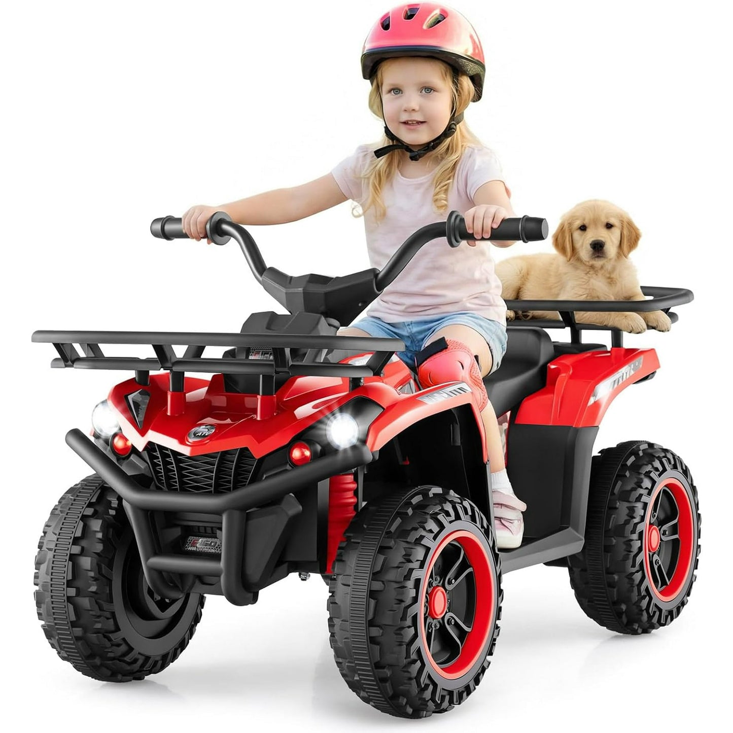 OLAKIDS 12V Kids ATV Quad with 2 Speeds, Spring Suspension, LED Lights, Music & Story Player, Big Tires, 2 Storage Spaces, Ride On Car for Boys Girls Ages 3+