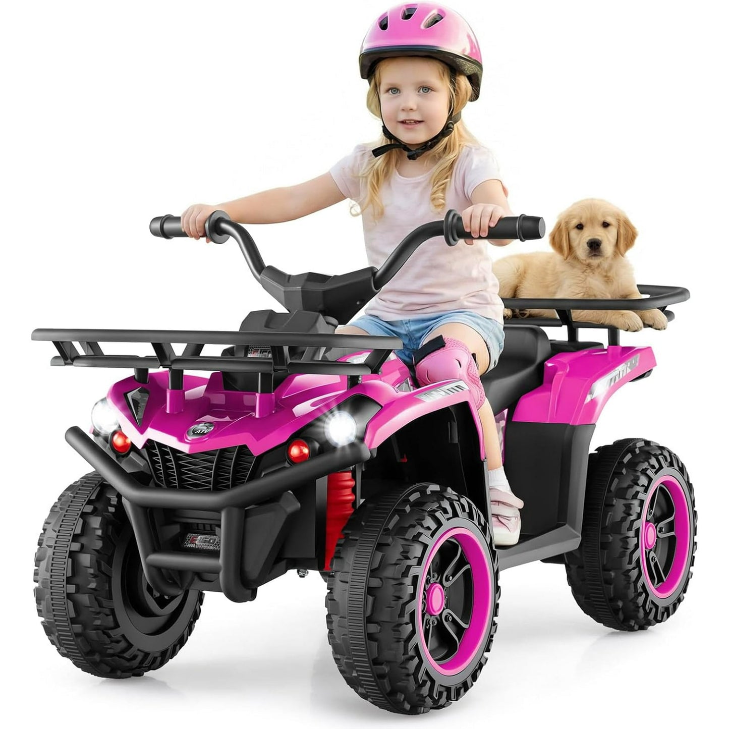 OLAKIDS 12V Kids ATV Quad with 2 Speeds, Spring Suspension, LED Lights, Music & Story Player, Big Tires, 2 Storage Spaces, Ride On Car for Boys Girls Ages 3+