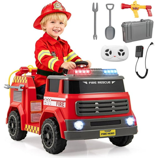 OLAKIDS 12V Ride on Fire Truck with Water Gun, Tank, Megaphone, Siren, Alarm Lamps, Shovel, Music, Remote Control, Aged 3+ Years