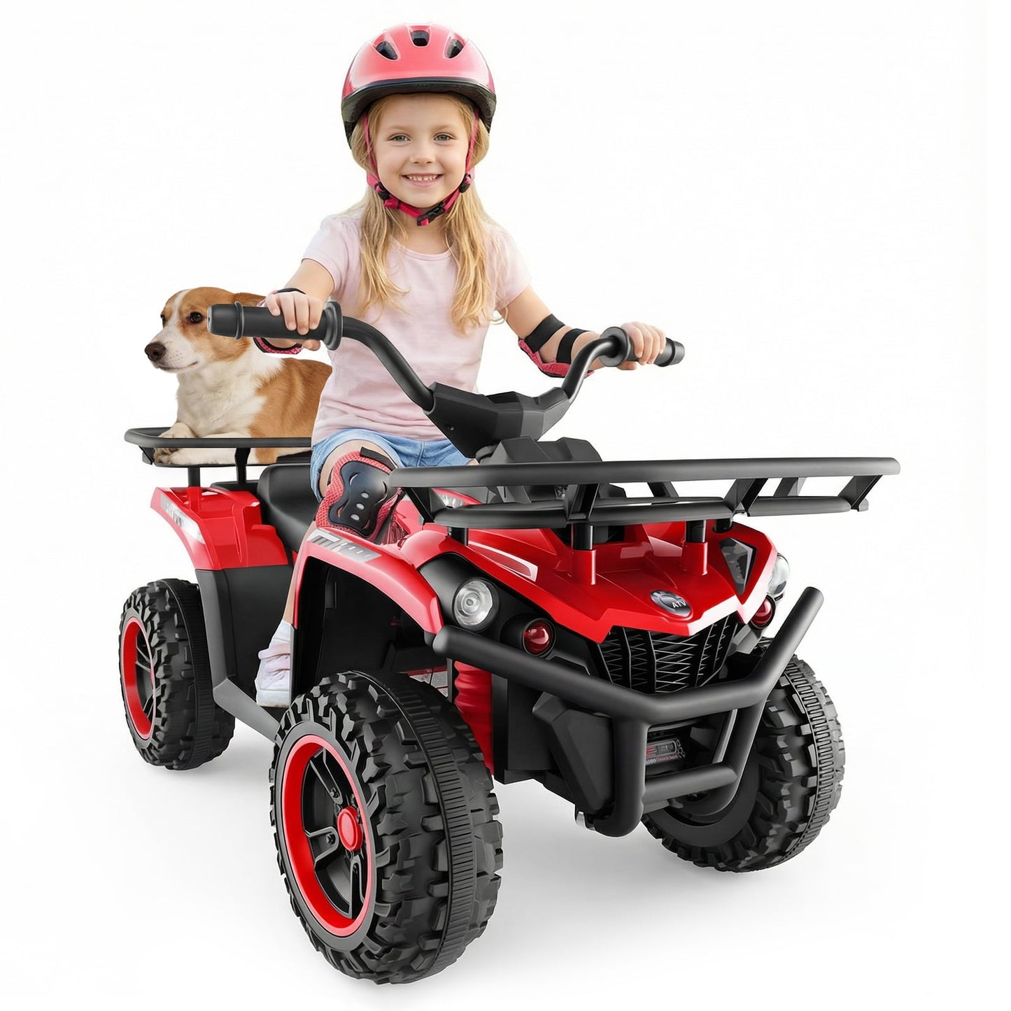 OLAKIDS 12V Kids ATV Quad with 2 Speeds, Spring Suspension, LED Lights, Music & Story Player, Big Tires, 2 Storage Spaces, Ride On Car for Boys Girls Ages 3+