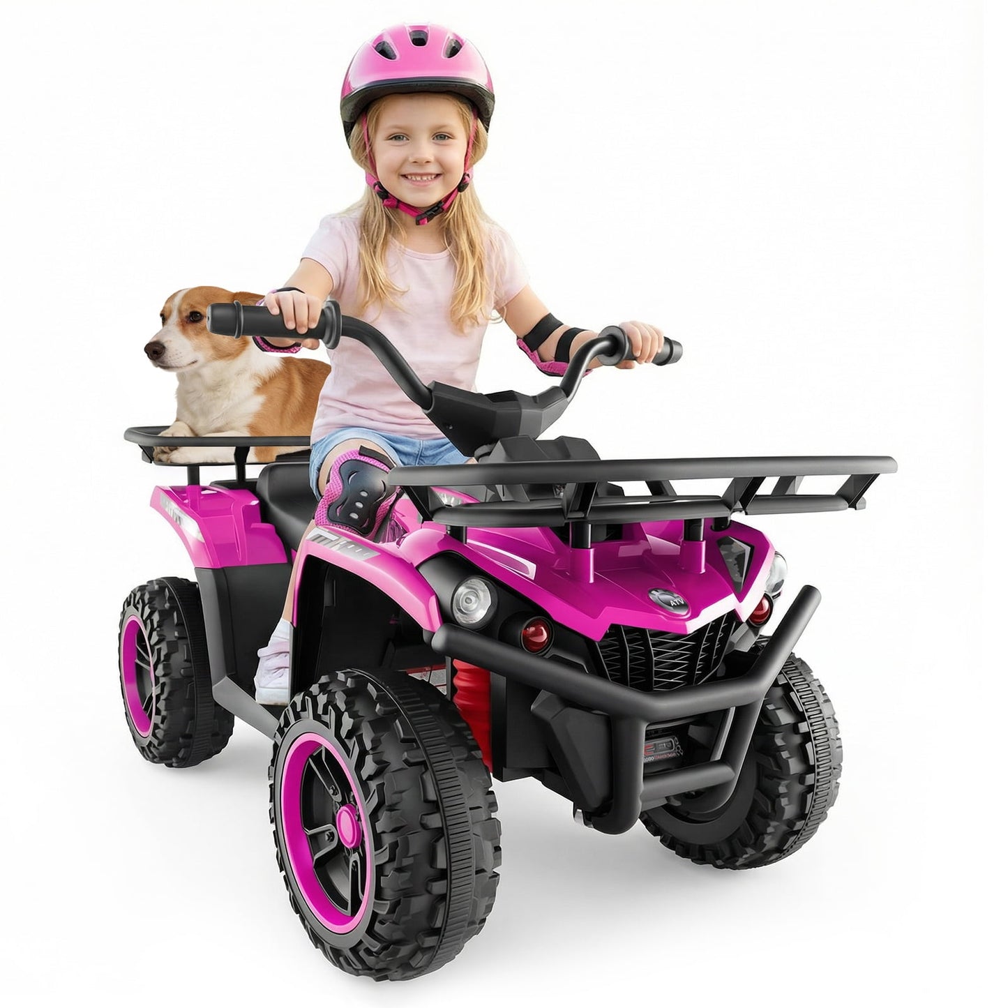 OLAKIDS 12V Kids ATV Quad with 2 Speeds, Spring Suspension, LED Lights, Music & Story Player, Big Tires, 2 Storage Spaces, Ride On Car for Boys Girls Ages 3+