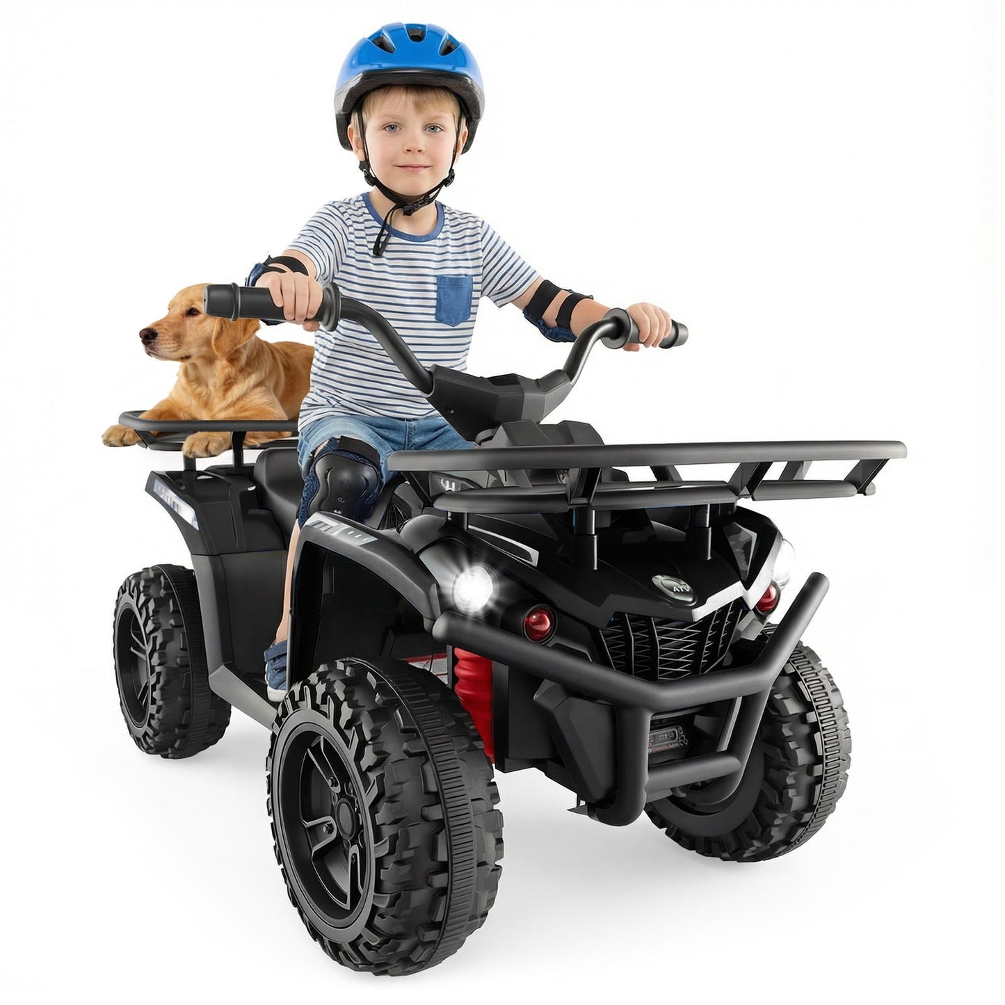 OLAKIDS 12V Kids ATV Quad with 2 Speeds, Spring Suspension, LED Lights, Music & Story Player, Big Tires, 2 Storage Spaces, Ride On Car for Boys Girls Ages 3+