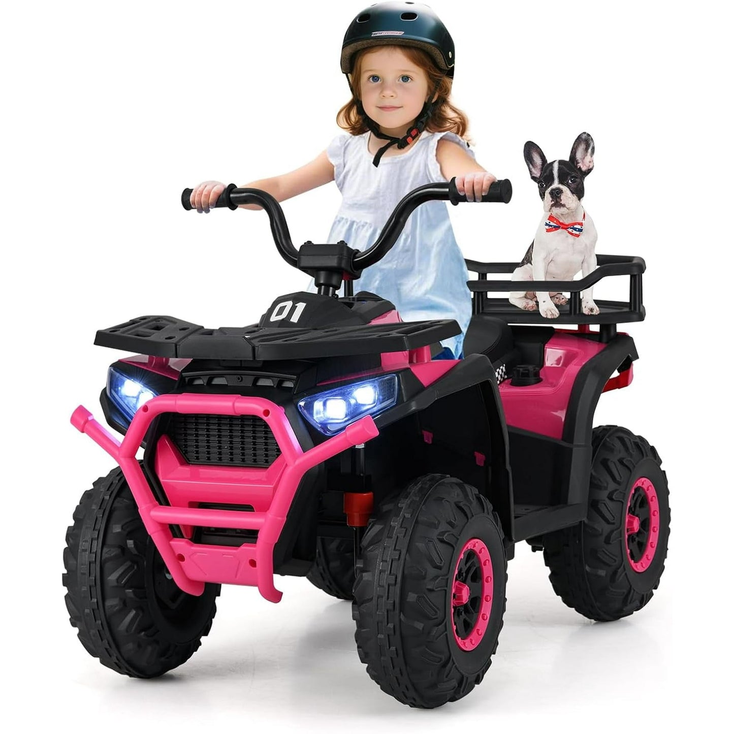 OLAKIDS 24V Ride on Car, Kids ATV Quad with Bluetooth, Music, LED Lights, Power Display, Rear Storage Rack, Spring Suspension, Electric 4 Wheeler for Kids Boys Girls Aged 3+ Years