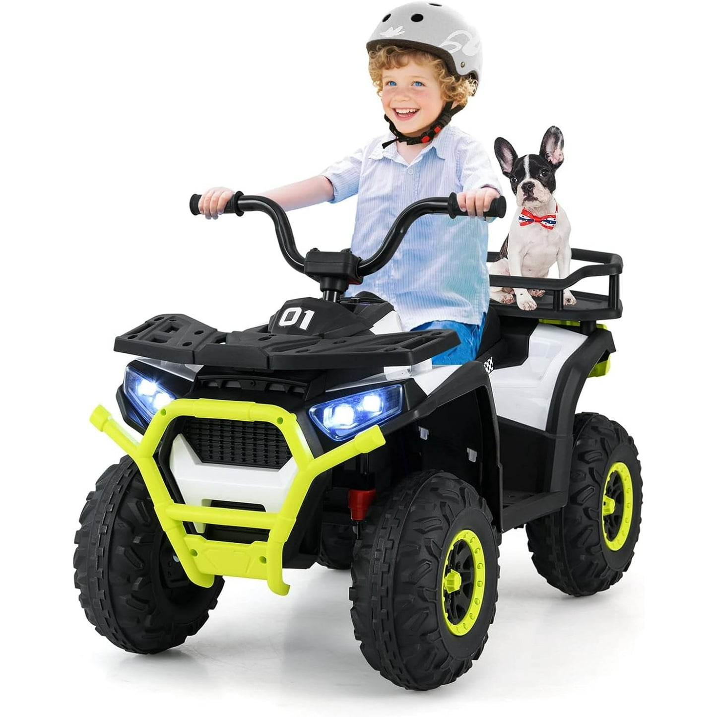 OLAKIDS 24V Ride on Car, Kids ATV Quad with Bluetooth, Music, LED Lights, Power Display, Rear Storage Rack, Spring Suspension, Electric 4 Wheeler for Kids Boys Girls Aged 3+ Years