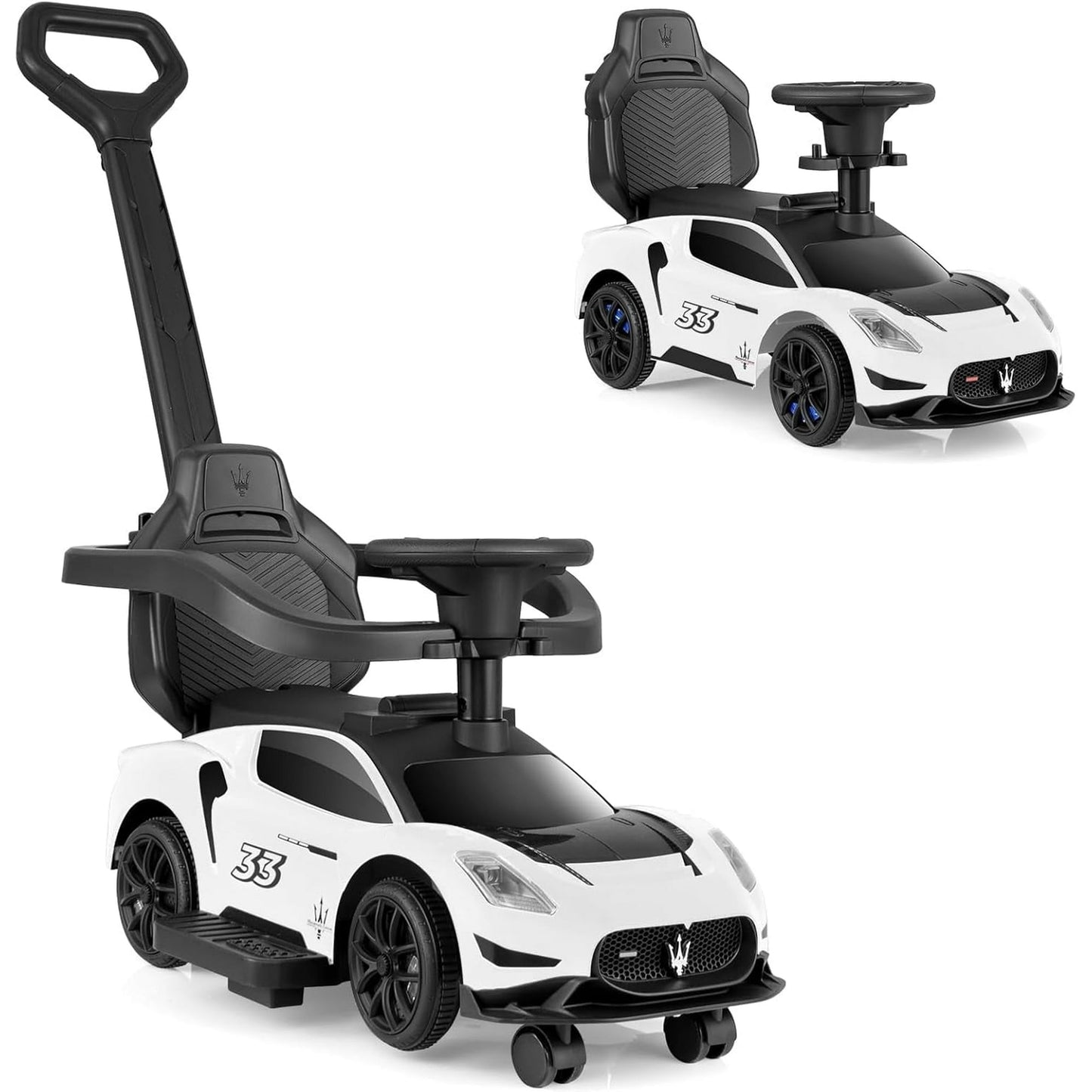 OLAKIDS 3 in 1 Push Car for Toddlers, Licensed Maserati Baby Stroller Sliding Walking Car with Push Handle, Horn, Music, Underneath Storage, Foot-to-Floor Ride on Toys for Boys Girls