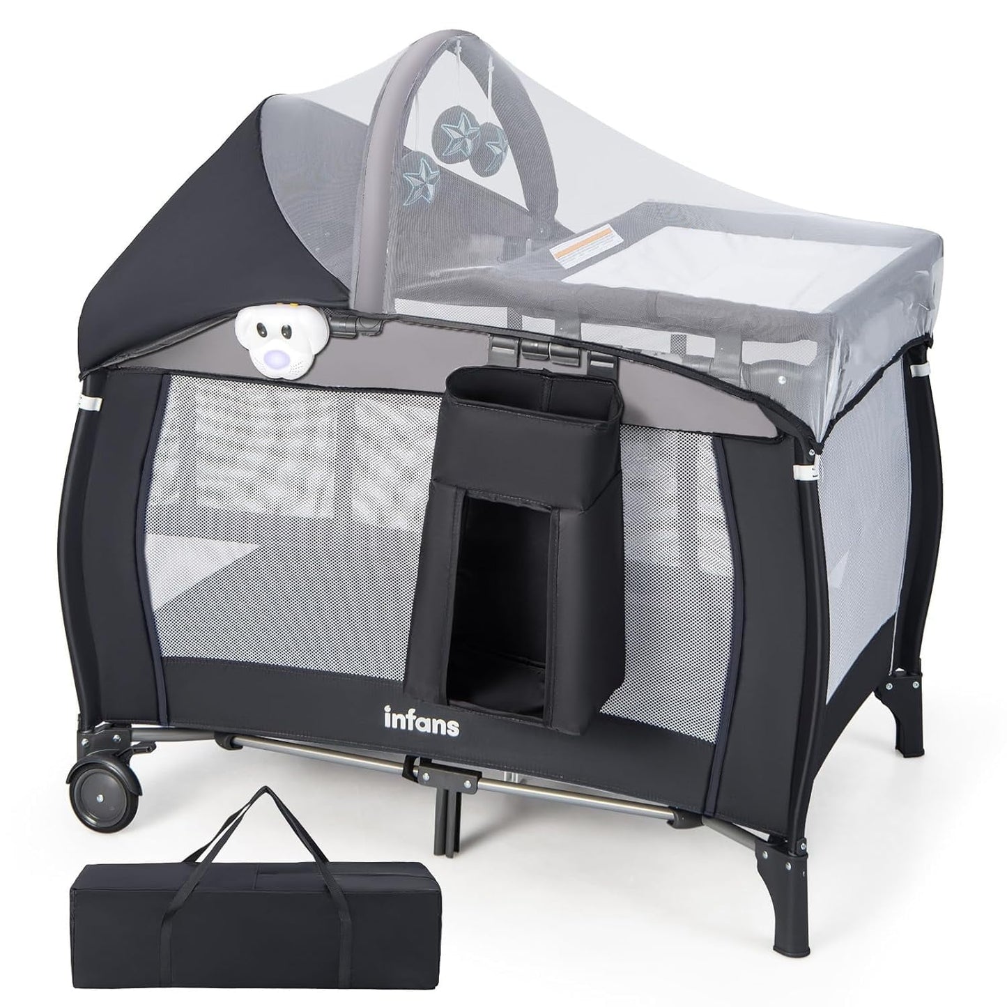 INFANS 4 in 1 Pack and Play, Portable Nursery Center with Bassinet, Mattress, Diaper Changer, Bag, Toys, Music Box, Storage Basket, Travel Playard for Baby Kid Infant