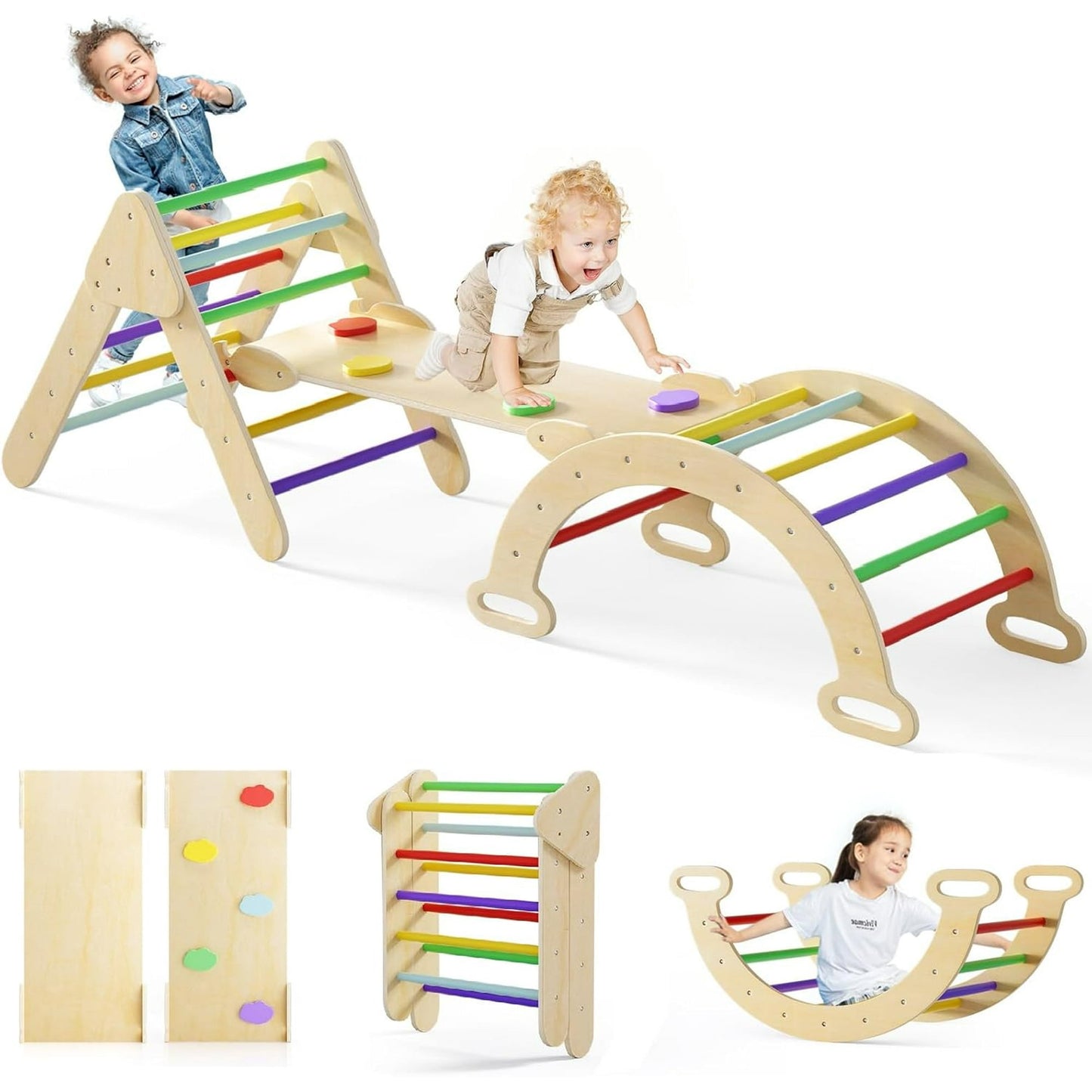 OLAKIDS Climbing Triangle Set, 5 in 1 Kids Wooden Montessori Climber Toy with Ramp Ladder Arch Slide for Gym Playground, Indoor Outdoor Climb Activity Jungle Play Structure for Toddlers 1-3