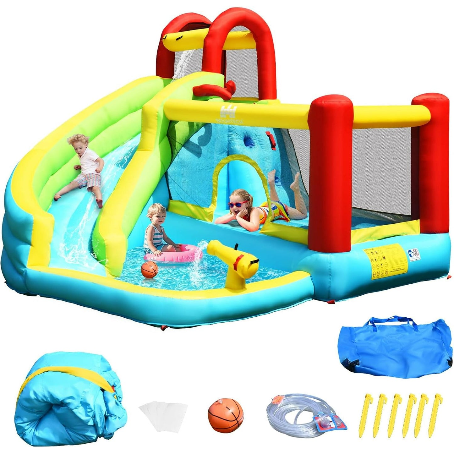 OLAKIDS Inflatable Water Slide, 6 in 1 Bounce House with Slide, Climbing Wall, Splash Pool, Basketball Rim, Water Gun, Outdoor Water Park Jumping Castle with Carrying Bag, Hose